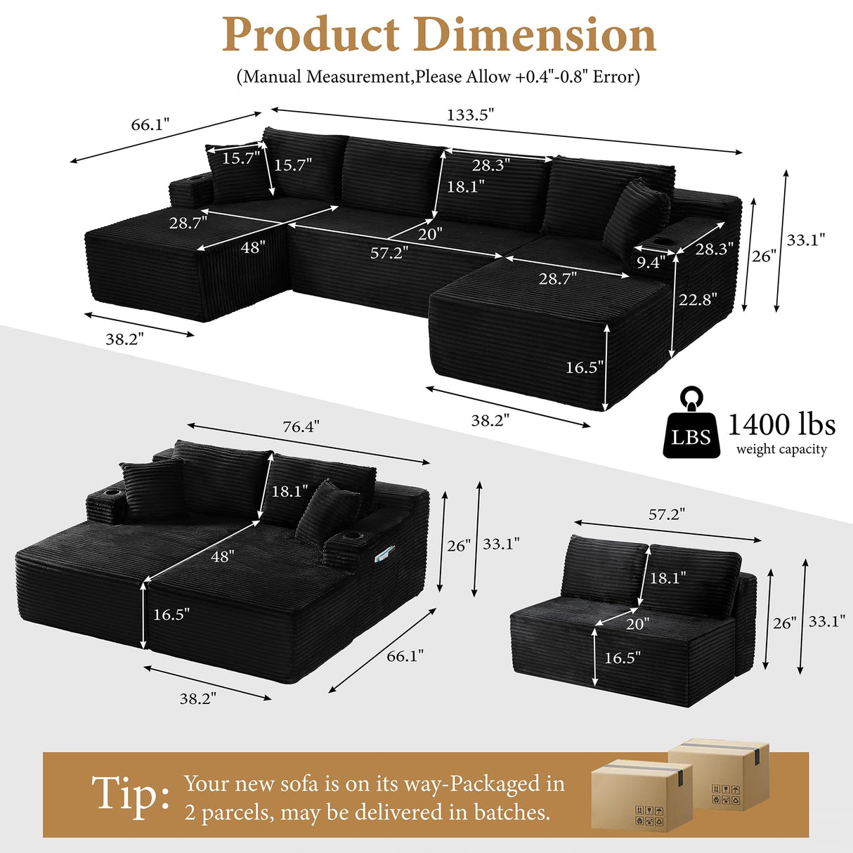 133" Oversized Couches for Living Room Modern Sectional Couch for Living Room Corduroy Boneless Couchs Comfy Cloud Couch Flexible Modular Sectional Sofa (Black, with Cup Holder) KOPSEE