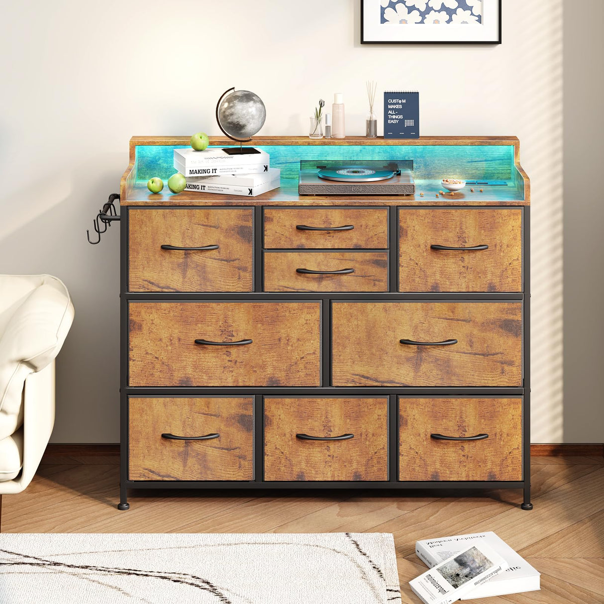 Leadpro Dresser with Charging Station and LED Lights, Dresser for Bedroom TV Stand Dresser with 9 Drawers, Fabric Drawers Storage Dresser Organizer for Living Room, Hallway, Closet (Rustic Brown) Leadpro