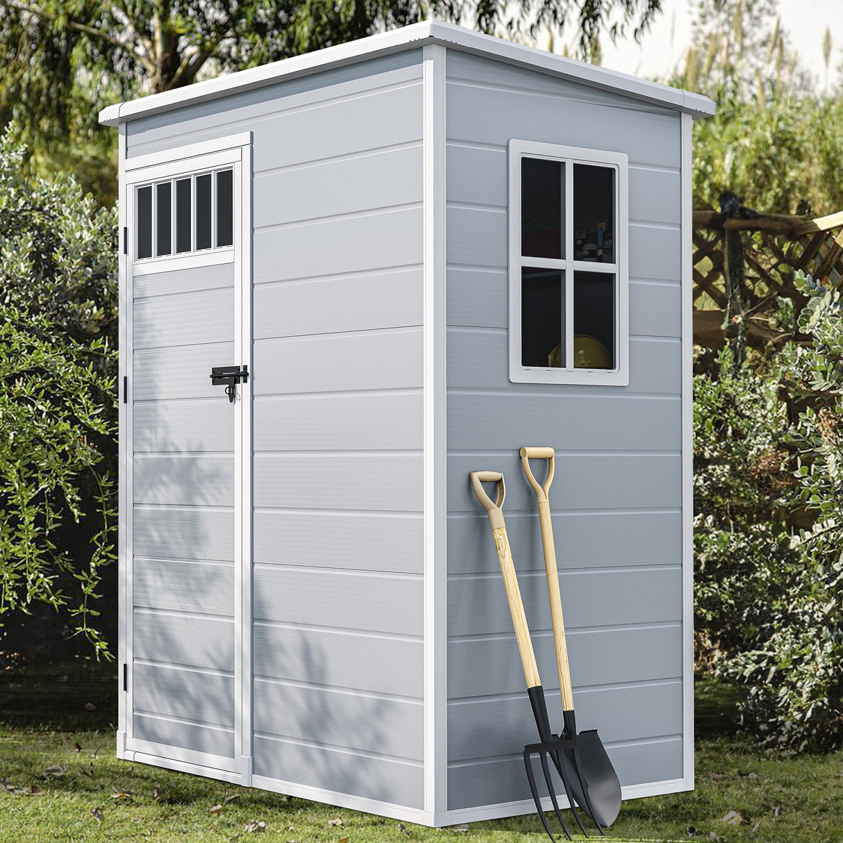 DWVO Outdoor Storage Shed, All-Weather Resin Plastic Storage Shed with Windows, Slanted Roof, Raised Floor, Capacity for Garden Tools & Equipment, Ideal for Backyard & Garden DWVO