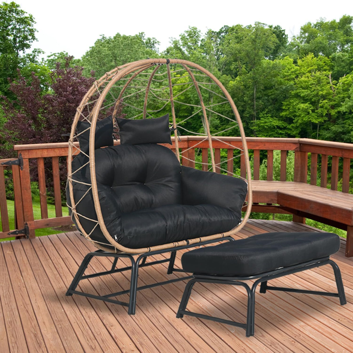 Nevsokio Double Wicker Outdoor Egg Chair,Lounge Chair with Ottoman,Oversized Patio Chair with Footrests,Cushions, Outdoor Indoor Rattan Chair (Rope, Black) Nevsokio
