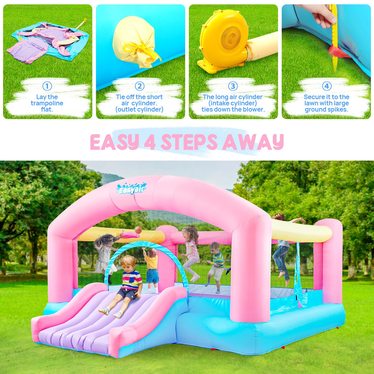 Easyair Large Bounce House Holds 6 Kids, 14.8 x 14.5 FT Inflatable Bouncer Jumper Slide with 650W Blower, Basketball Hoop, Throw Ball Game, Ball Pits (Pink, 177" L x 174" W x 94" H) EASYAIR