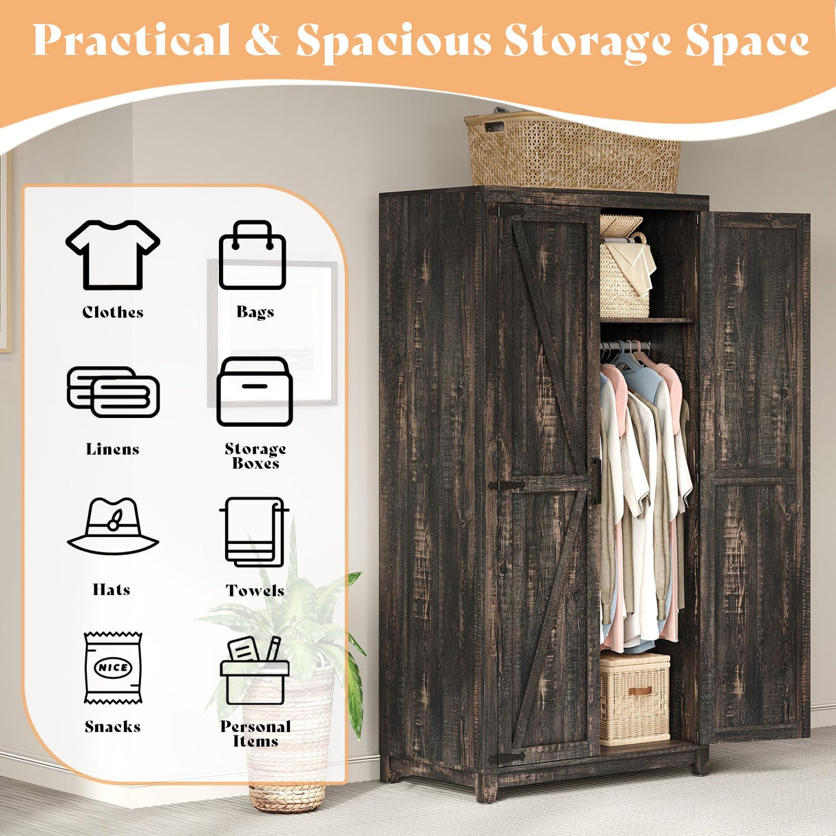 AMERLIFE Farmhouse Armoire Wardrobe Closet with 2 Barn Doors, 71'' Storage Cabinet with Hanging Rod & Shelf, Versatile Clothing Storage for Bedroom, Black Walnut AMERLIFE