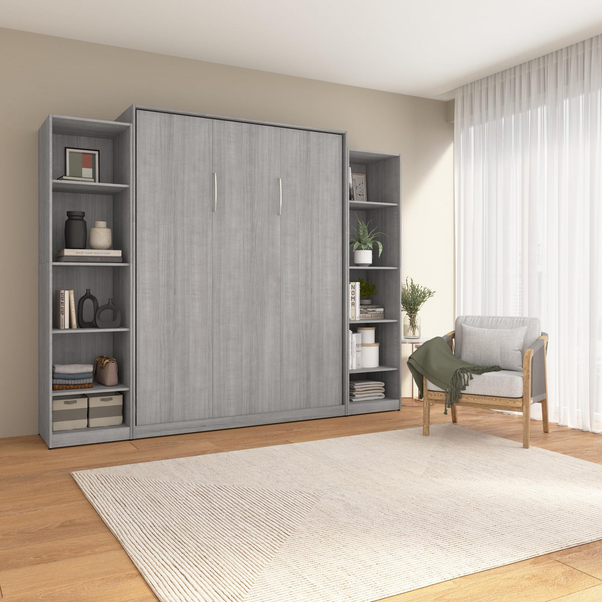 Bestar Claremont Queen Murphy Bed with Closet Organizers (105W) in Platinum Gray, Space-Saving Sleeping Arrangement for Multipurpose Room Bestar