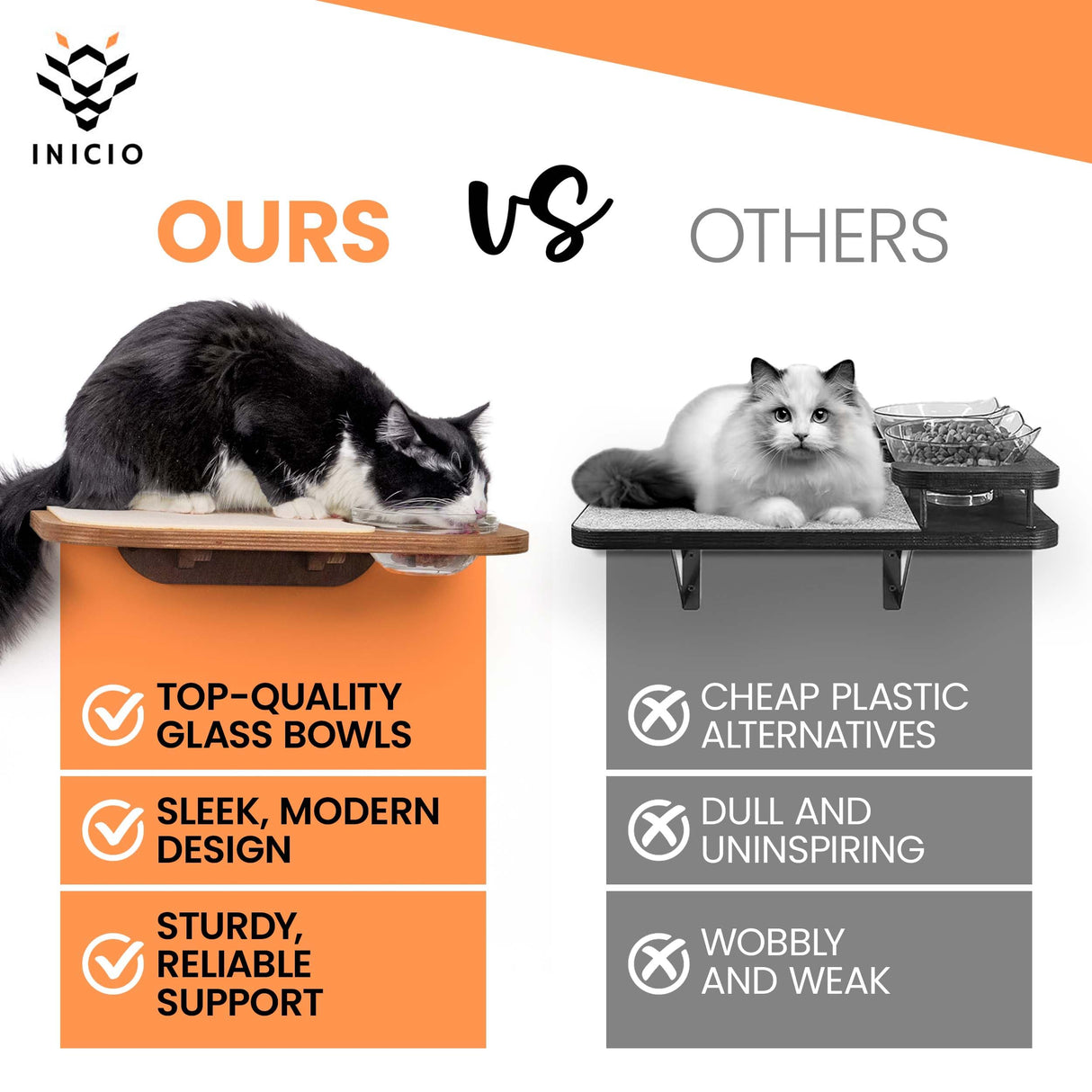 INICIO Cat Wall Shelves – Dog Proof Feeding Station with Wall Mounted Shelves, Durable 3 Step Birch Floating Shelf for Cats Up to 17lbs, Includes Attached Cat Food Bowl for Convenient Feeding – Brown INICIO