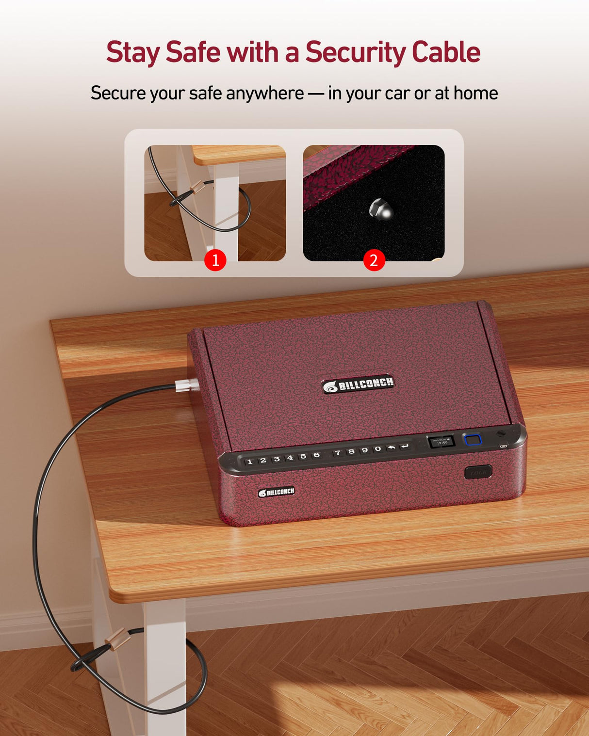 BILLCONCH Smart Gun Safe with Security Cable - Biometric Gun Safe for Handgun 4 Ways Quick Access with Fingerprint/Keypad/Key/APP Lock for Bedside Home Car with LCD/Voice Guide - Burgundy Red BILLCONCH