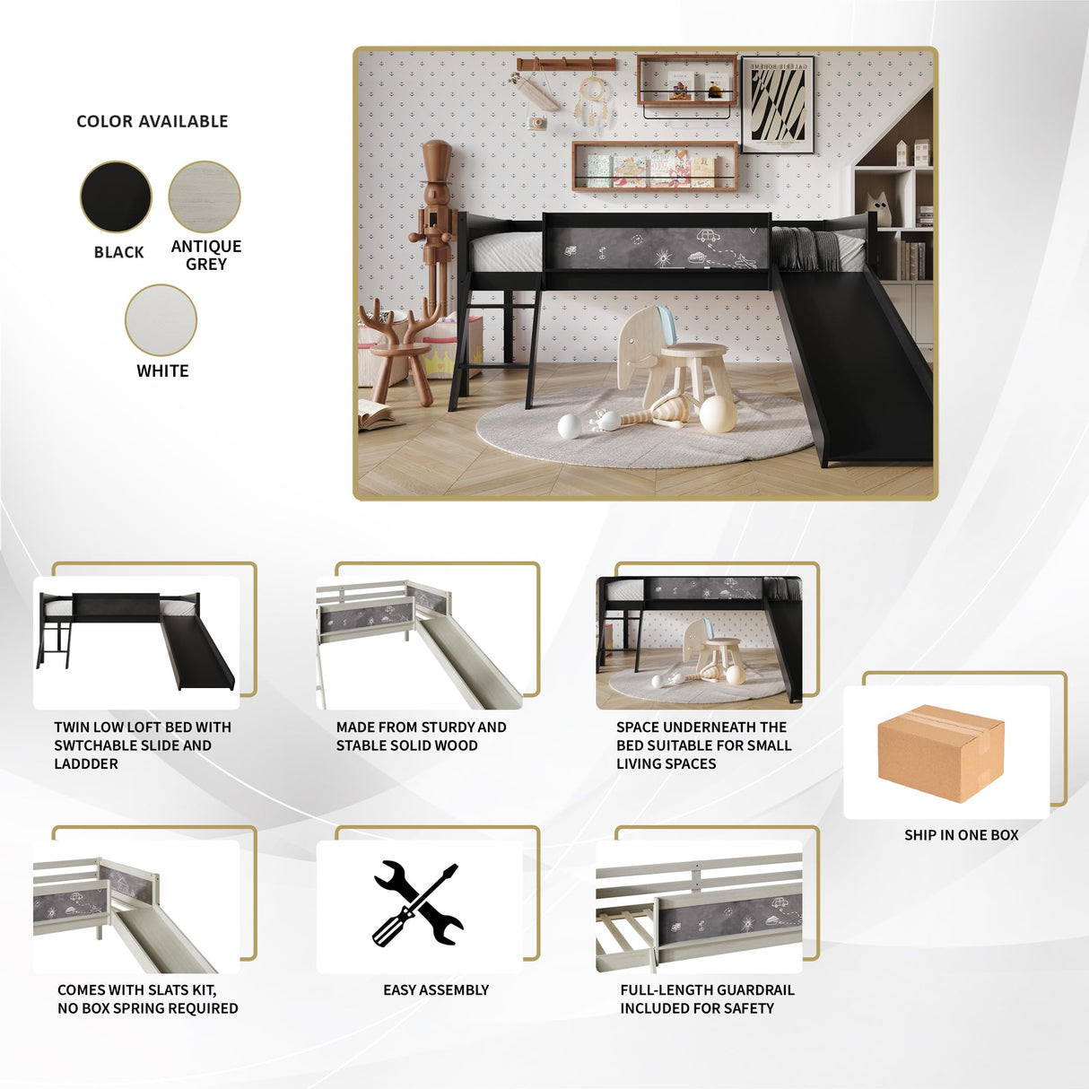 CHALETPOSH Low Loft Bed with Slide, Climbing Ladder, Chalkboard, Wood Twin Loft Bed Frame with Guardrail for Kids Toddler Boys Girls, Black CHALETPOSH