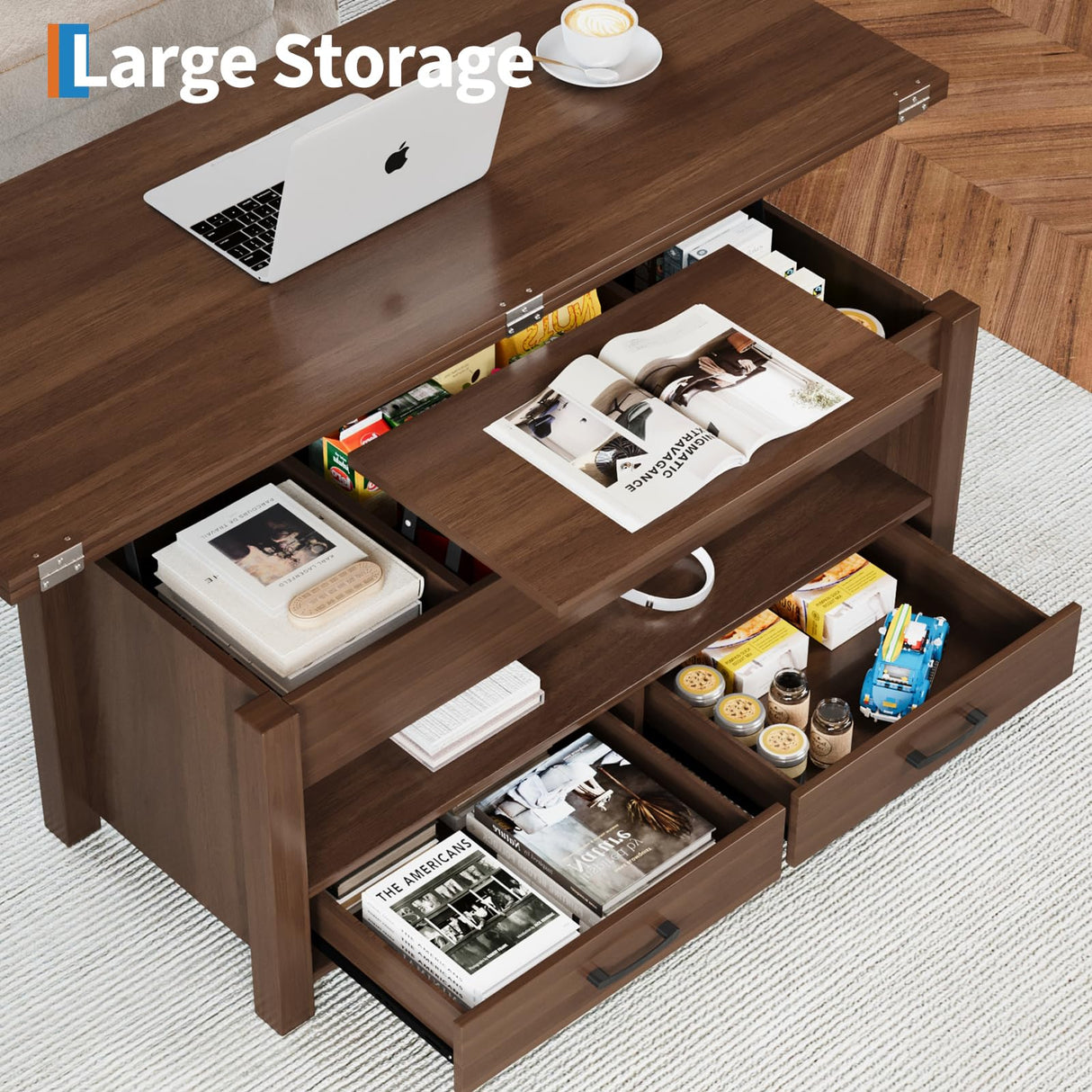 Garvee 40" Coffee Table Lift Top, Multi-Function Convertible Coffee Table with Drawers and Hidden Compartment, Converts to Dining Table for Living Room, Brown Garvee
