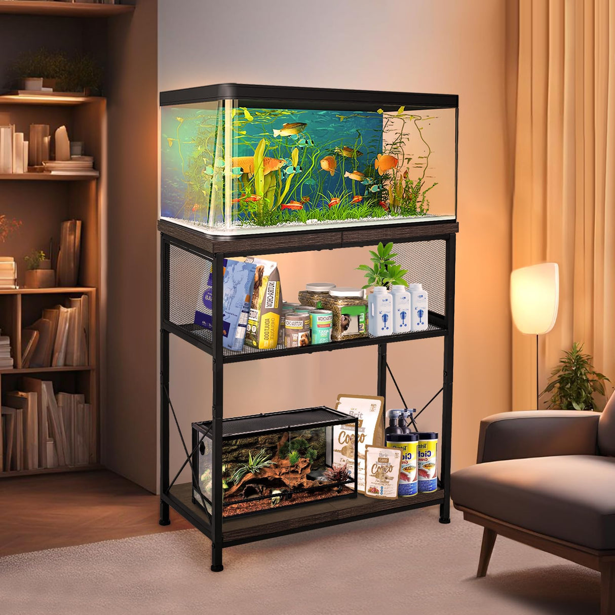 LALA IKAI Fish Tank Stand, 10-20 Gallon Metal Aquarium Stand Table with 2 Tiers Storage Shelf, 4-Leg Reptile Tank Stand 25.59" L x 12.60" W x 30.70" H, Black LALA IKAI