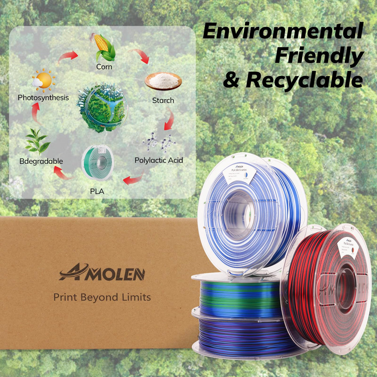 AMOLEN Silk PLA 3D Printer Filament Bundle, Shiny PLA Filament 1.75mm Multicolor Rainbow Pack, Fast Color Change PLA 3D Printing Filament for Most FDM 3D Printer, 1KG X 4 Spools AMOLEN