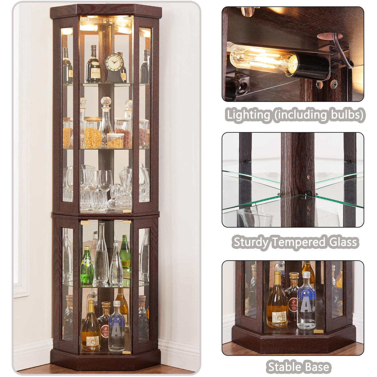 XZTUAJ Corner Curio Cabinet Display Case with Light, 69" H Glass Display Cabinet, Display Showcase Case Storage with Tempered Glass Door & Adjustable Glass Shelves for Living Room (Dark Cherry) XZTUAJ