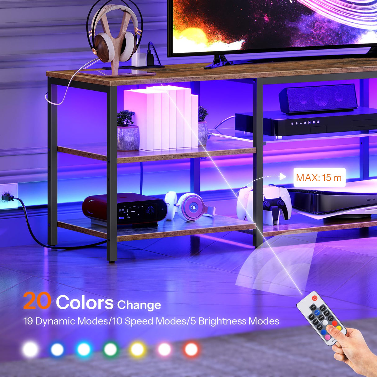 HOOBRO LED TV Stand for 75 Inch TVs with Charging Station, Gaming Entertainment Center with Open Storage, Media TV Console Table, TV Stand for Living Room, Bedroom, Rustic Brown and Black BF21UDDS01 HOOBRO