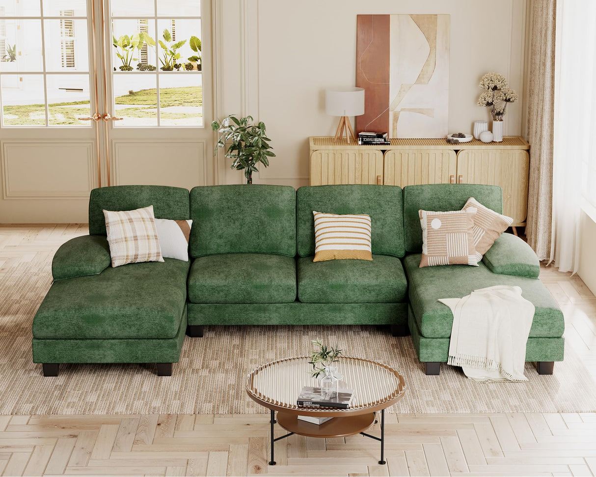 JUMMICO Sectional Couches for Living Room, U Shaped Couch with Chenille Fabric, 4 Seat Modern Sofa with Removable Pillows for Apartment and Small Space (Fabric, Green) JUMMICO