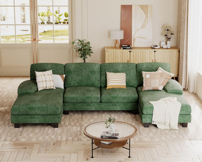 JUMMICO Sectional Couches for Living Room, U Shaped Couch with Chenille Fabric, 4 Seat Modern Sofa with Removable Pillows for Apartment and Small Space (Fabric, Green)