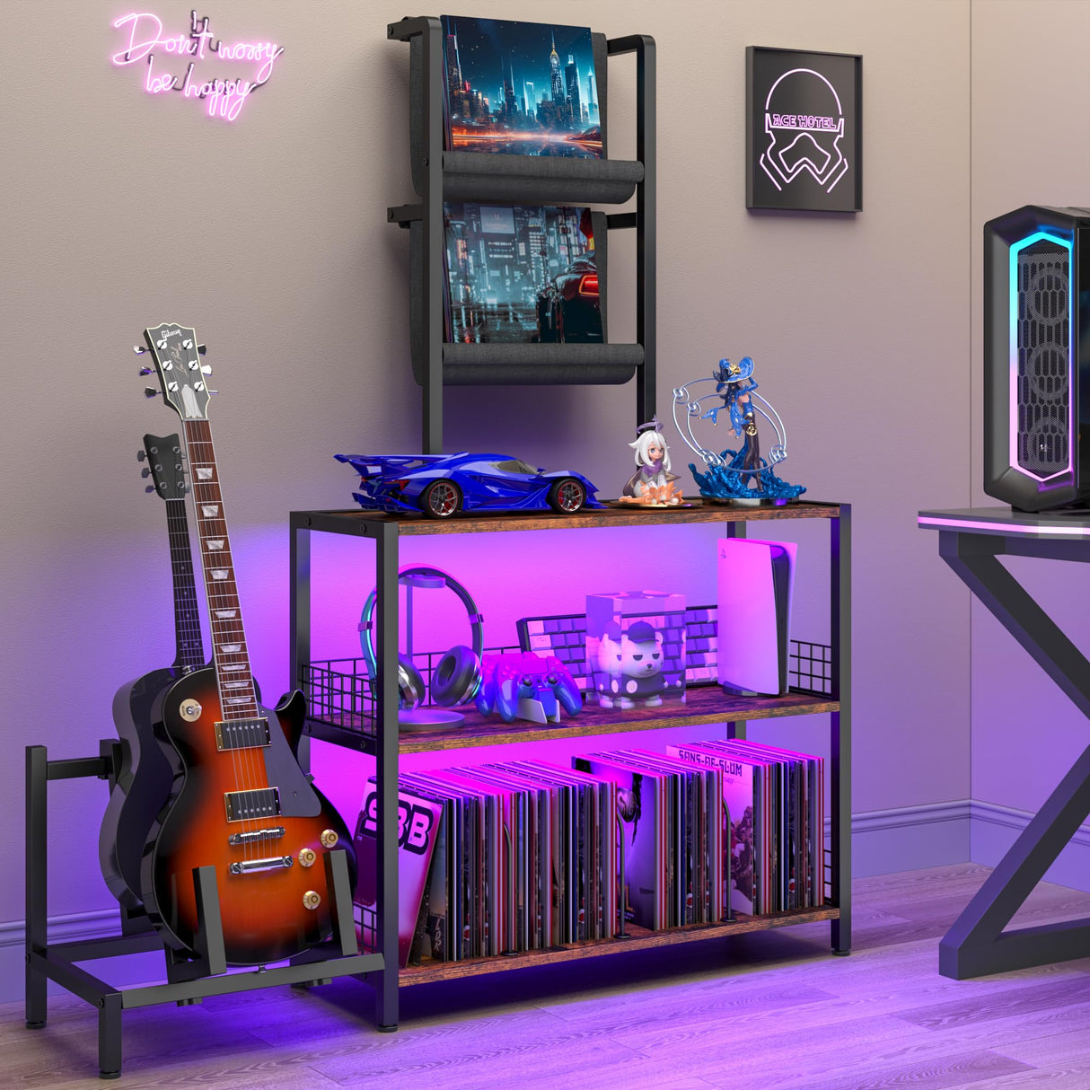 kepptory Display Shelf Bookshelf with RGB Lighting, Wooden Curio Cabinet Floor Lamp with Shelves, Vinyl Holder and Adjustable Stand, Record Player Stand Bookcase for Living Room Bedroom Décor (Brown) kepptory