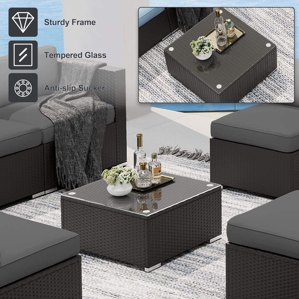 SUNCROWN 7-Piece Outdoor Patio Furniture Sofa Set All-Weather Wicker Sectional Conversation Set with Modern Glass Coffee Table and Cushions, Backyard, Garden, Dark Grey SUNCROWN