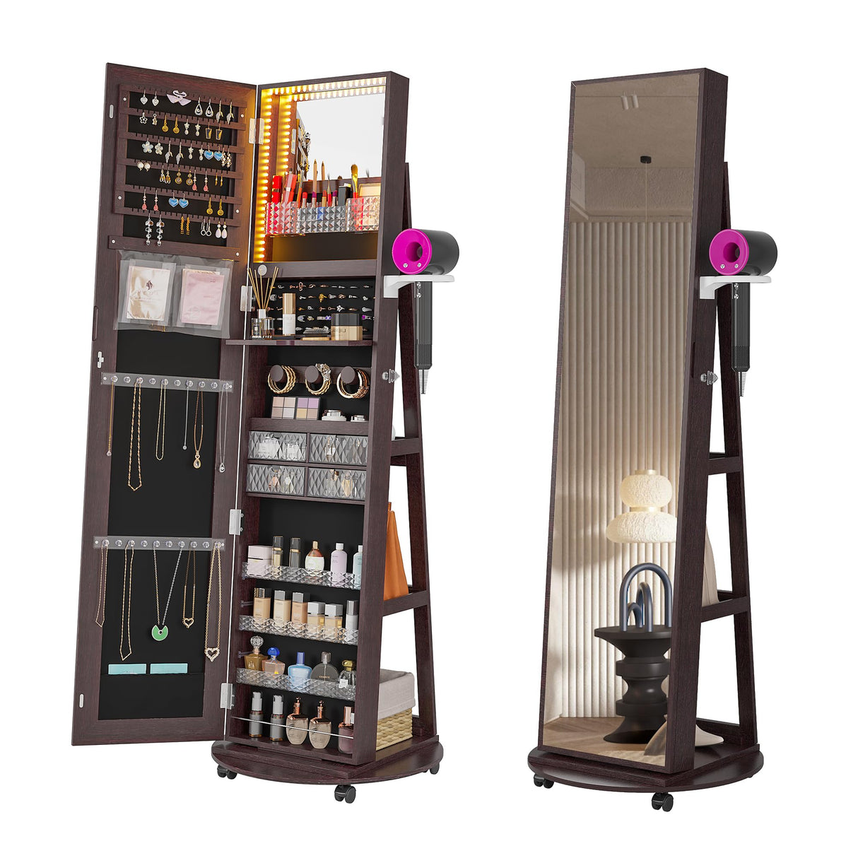 HNEBC 360° Swivel Jewelry Armoire with Mirror, LED Mirror Jewelry Cabinet Standing, Full Length Mirror with Jewelry Storage, Standing Jewelry Organizer/Lockable Wheels/Foldable Makeup Shelf (Brown) HNEBC