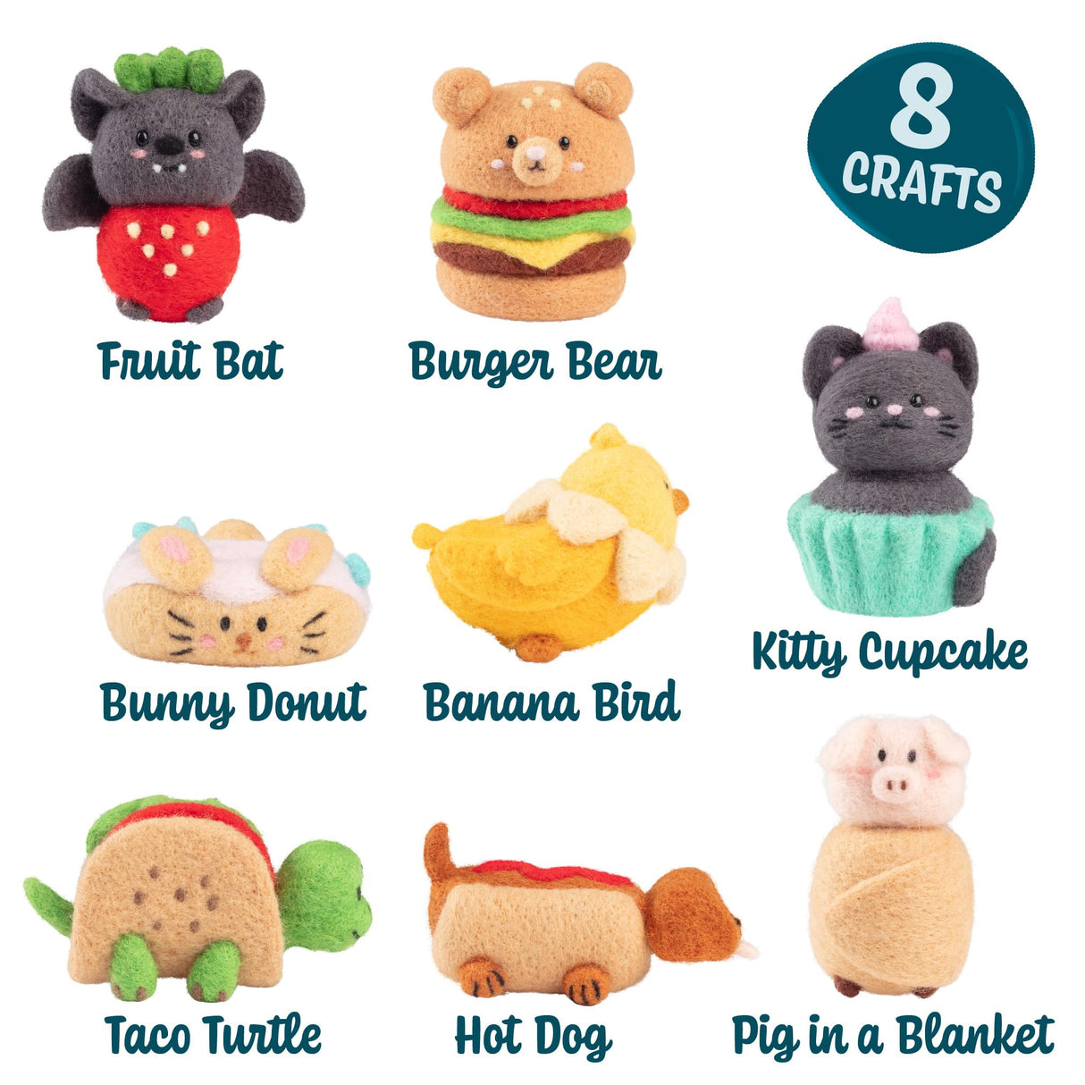 DIY Needle Felting Kit w Case- Animal Foodie Friends- Make 8 Adorable Designs- Starter Kit Includes Mat, Wool Felt Tools, Needles, Instructions- Homemade Arts & Crafts Gift, Kids & Teen Party Activity Idiy