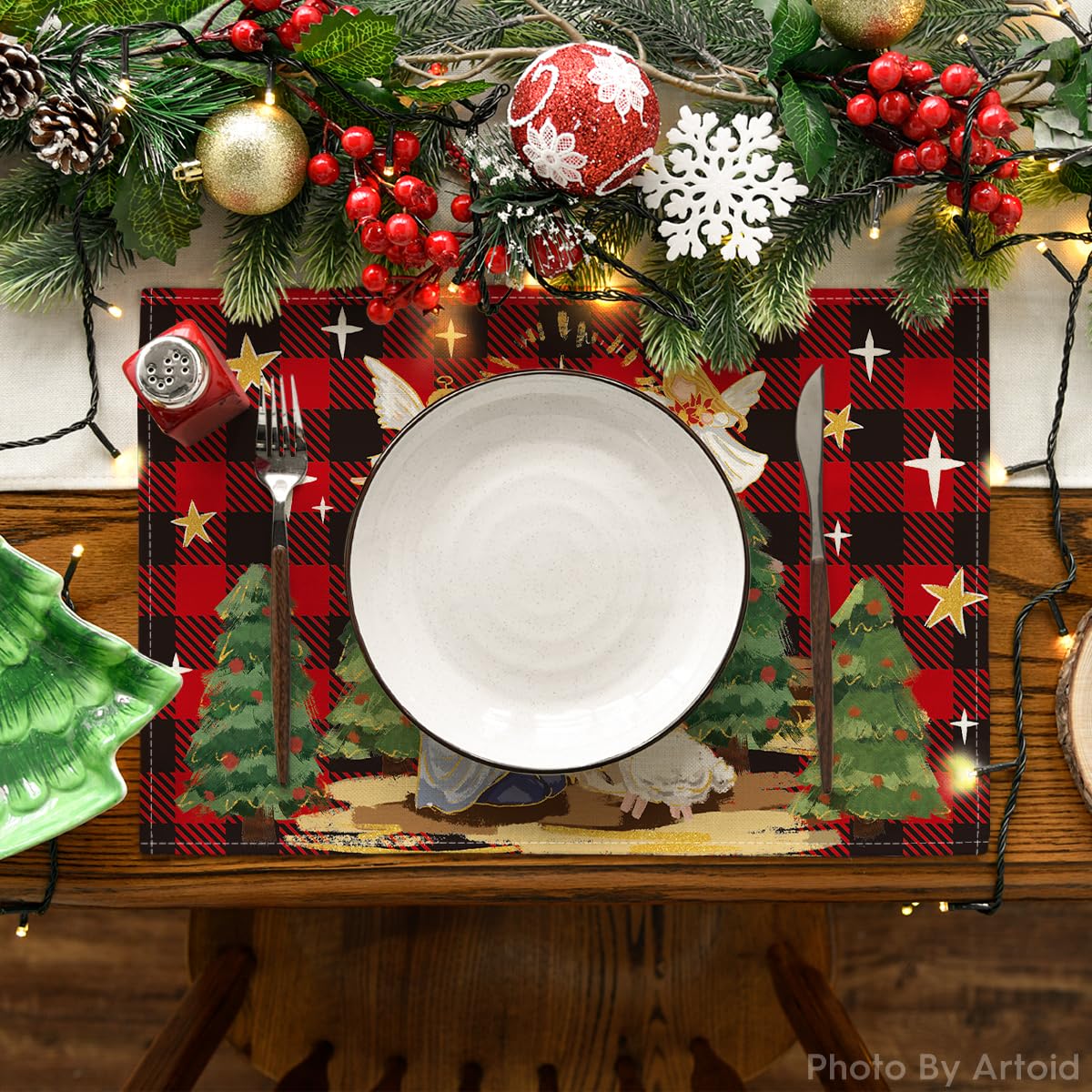 Artoid Mode Buffalo Plaid Kogiya Shepherd Christmas Placemats Set of 4, 12x18 Inch Winter O Holy Night Xmas Table Mats for Party Kitchen Dining Decoration Artoid Mode