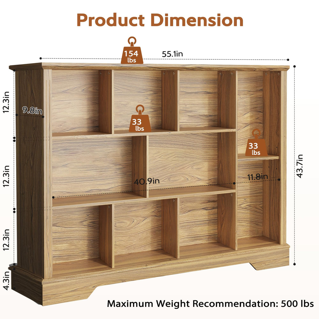 Vividwood 10-Cube Storage Organizer &TV Stand with Adjustable Shelf, Farmhouse Cube Bookcase with Fluted Front Trim for Living Room, Bedroom & Home Office – Rustic Brown Vividwood