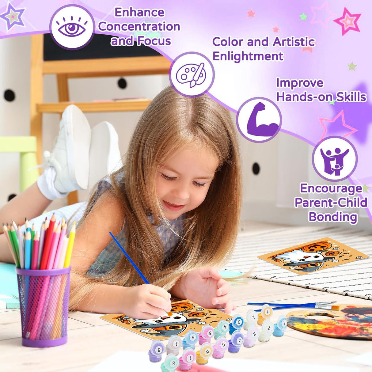 cviokrdu Halloween Paint by Numbers Kit for Kids with Frame - Wooden Easel, Ghosts Paint by Numbers for Kids Ages 4 8 12, Easy Acrylic Oil Painting Kits for Home Wall Decoration 8x8 inch cviokrdu