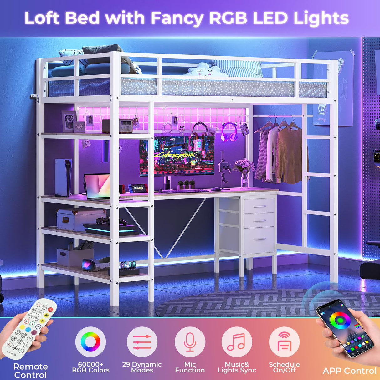 VIAGDO Loft Bed Twin Size with L-Shaped Desk, Charging Station and LED Lights, Twin Loft Bed with 4-Tier Bookshelf and 3 Drawers, Clothes Rail, Safety Guardrail&Ladder, No Box Spring Needed, White VIAGDO