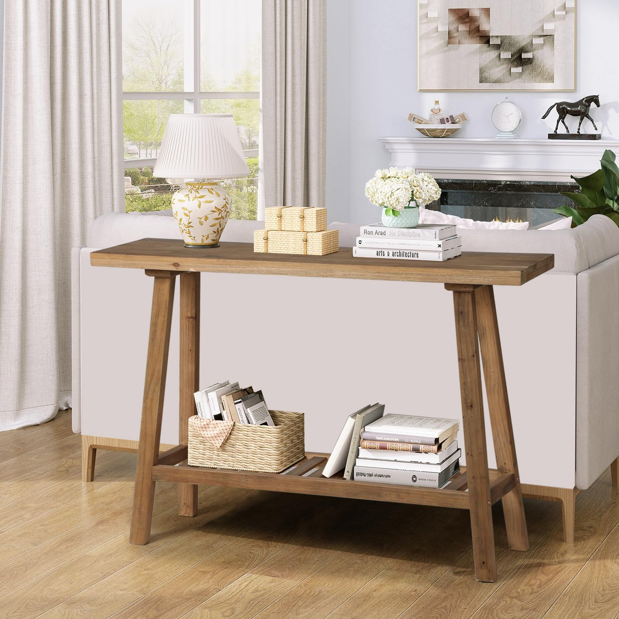 HOKYHOKY Reclaimed Solid Wood Console Table, 43.3" Farmhouse Entryway Table, Narrow Couch Tables Behind Sofa, 2 Tiers Accent Tables for Hallway, Entrance, Foyer, Living Room HOKYHOKY