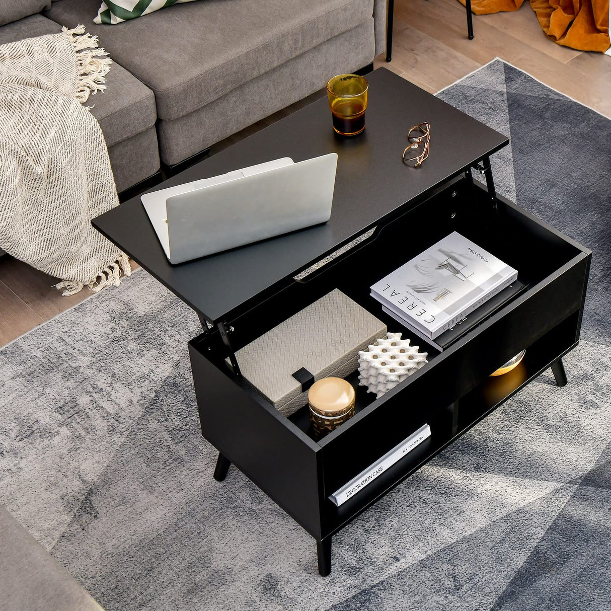 Giantex Lift Top Coffee Table, Modern Cocktail Table w/Hidden Compartment & 2 Open Shelves, Flip Top Center Table, Wooden Pull up Coffee Table for Living Room, Reception Room, Office (Black) Giantex