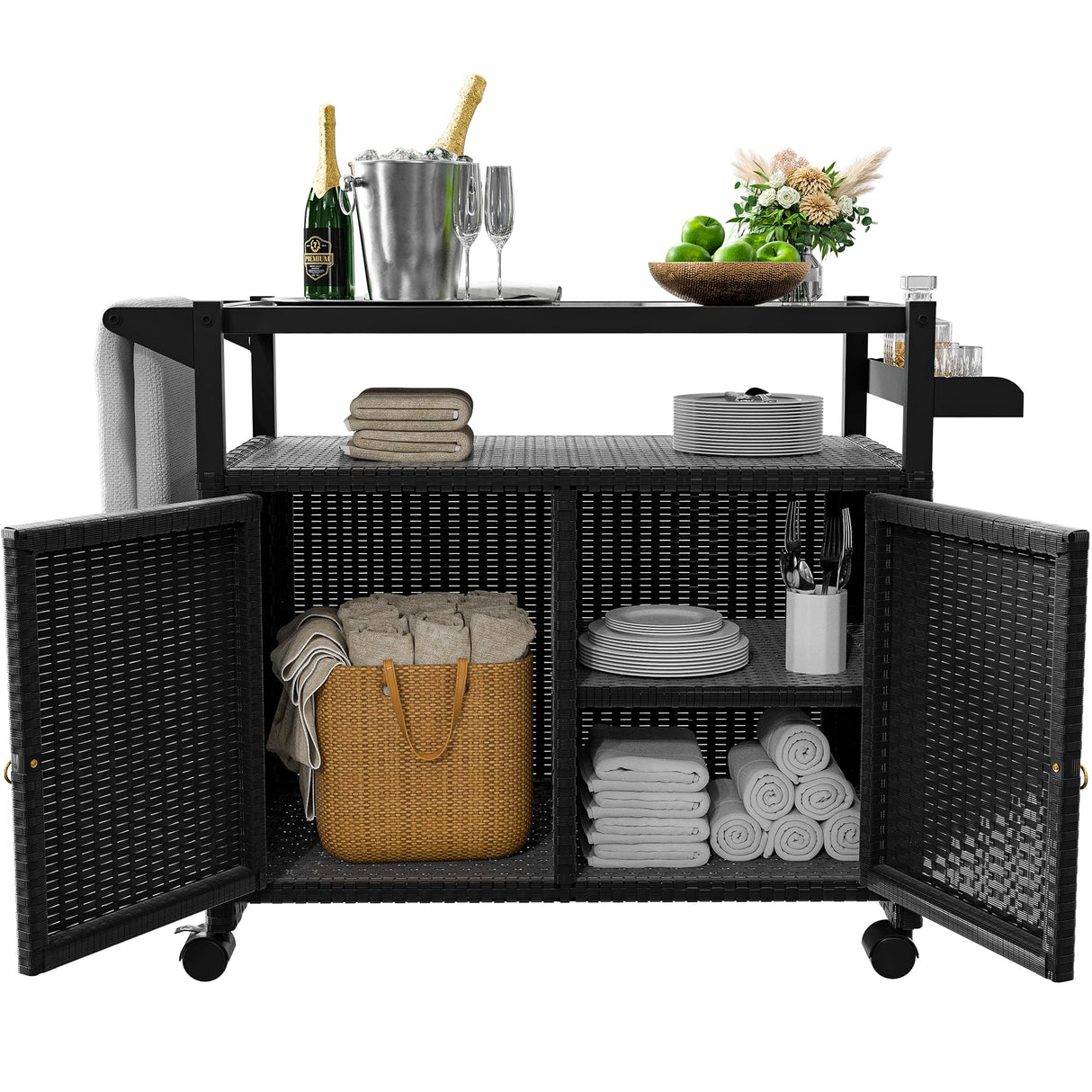 Xilingol Outdoor Bar Table, Wicker Bar Cart with Cabinet, Patio Serving Cart with Tempered Glass Top, Lockable Wheels, Rounded Handle & Side Basket for Garden, Poolside & Backyard, Black Xilingol
