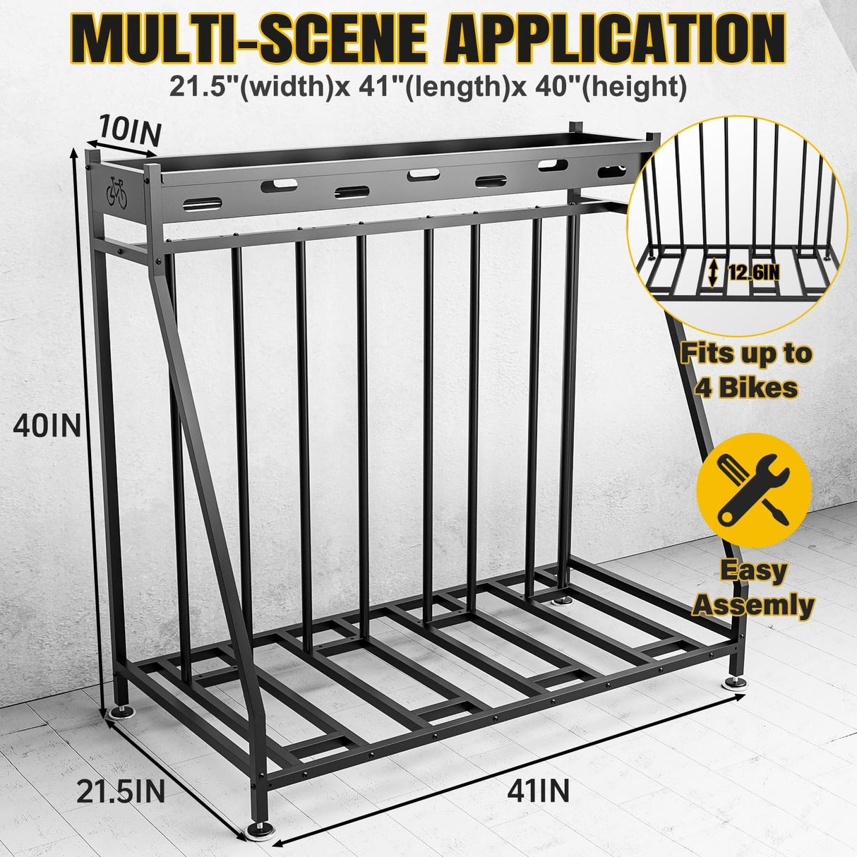 Hedyzone 4 Bike Stand Steady Bike Rack Garage with Baskets Storage Indoor Bike Storage Rack Metal Floor Bicycle Station for Parking Suitable for Mountain, Hybrid, Adult and Kids Bikes Hedyzone