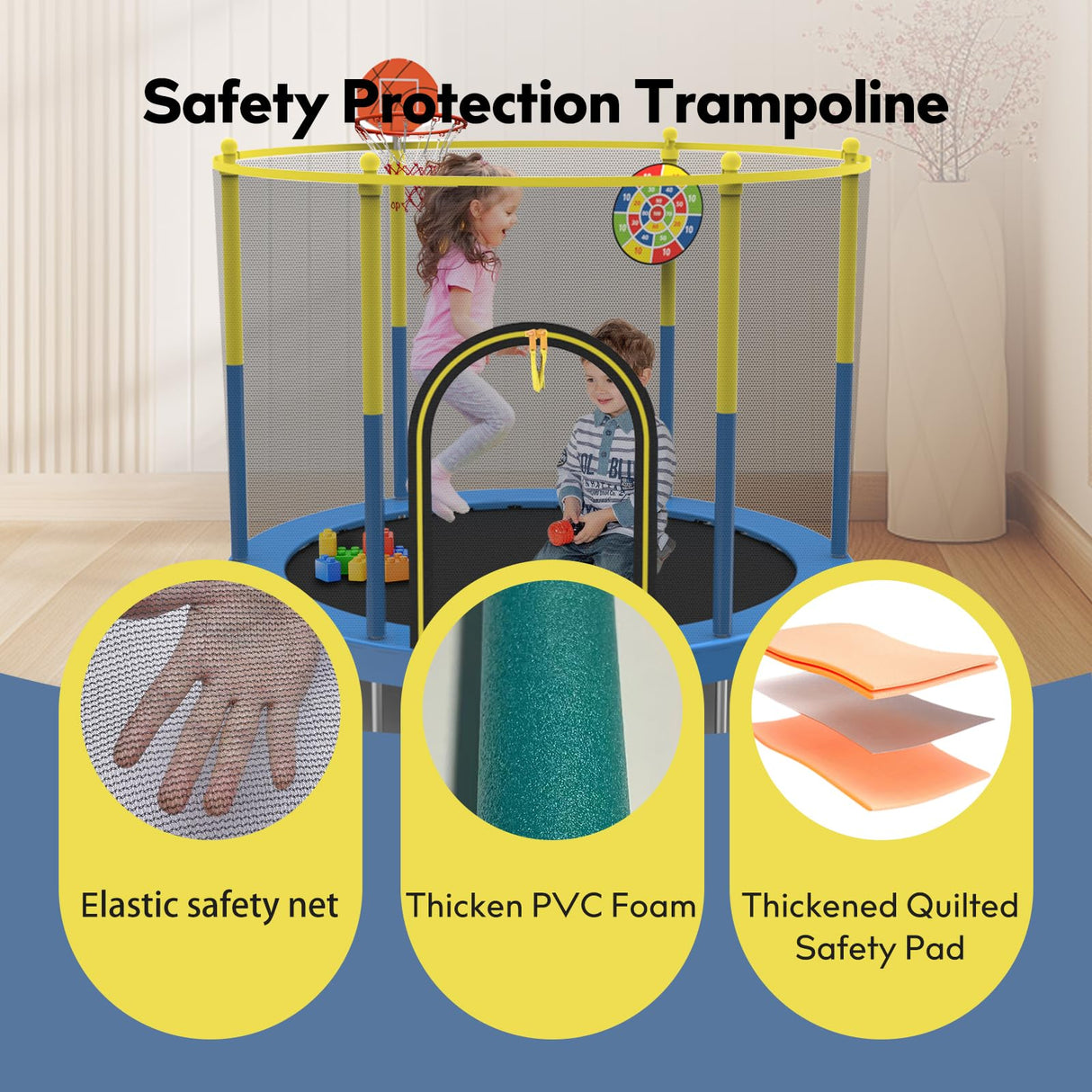 Sedeke 72" Trampoline for Kids with Net, 6 FT Indoor & Outdoor Small Toddler Trampoline with Basketball Hoop & Dart Board for Ages 1-8, Birthday Gifts for Boys & Girls, Baby Toddler Christmas Toys Sedeke