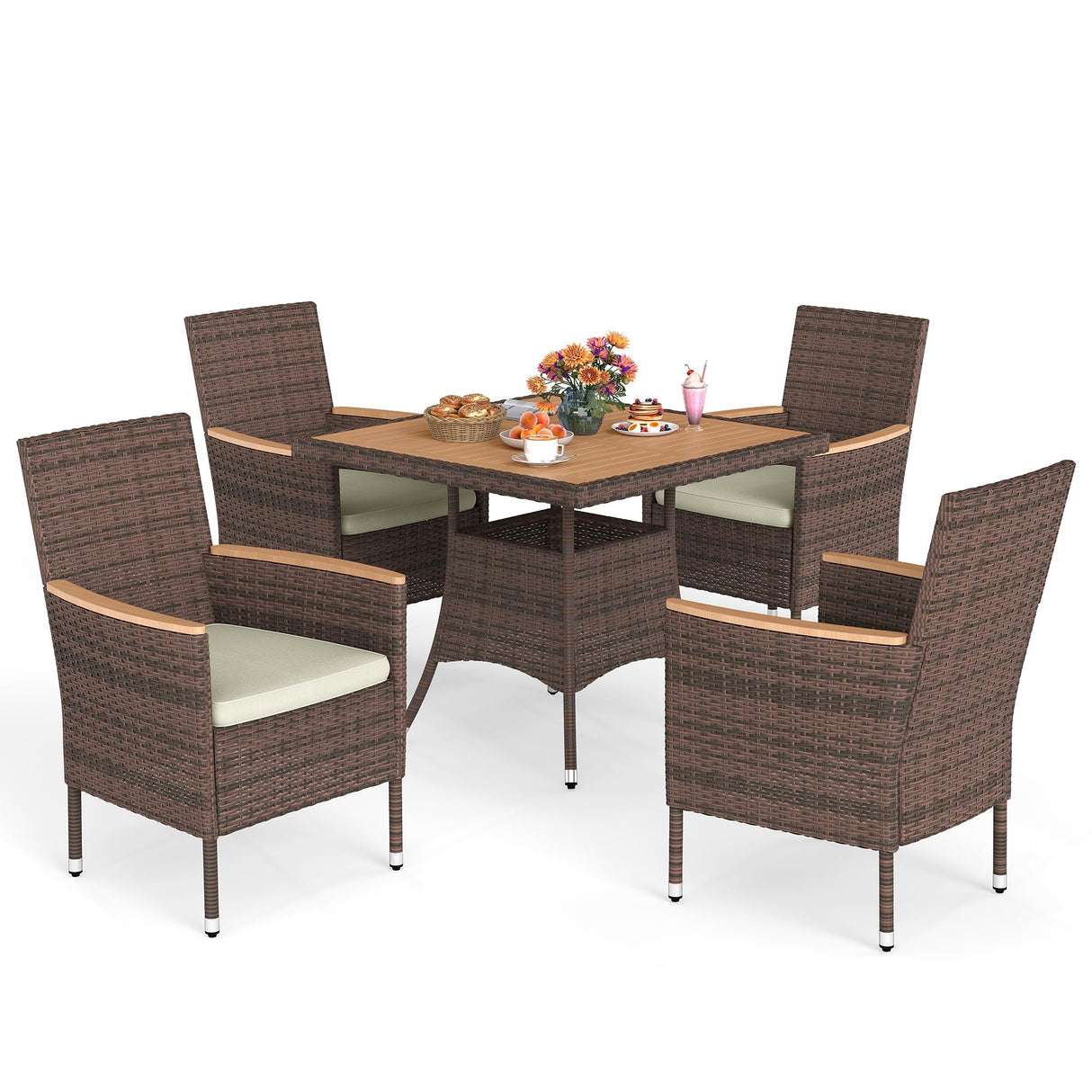 Wisteria Lane Patio Dining Sets for 8, All Weather Rattan Outdoor Table and Chairs with Acacia Wood Tabletop, Patio Dining Furniture with Removable Cushions for Deck Garden, Backyard, Brown Wisteria Lane