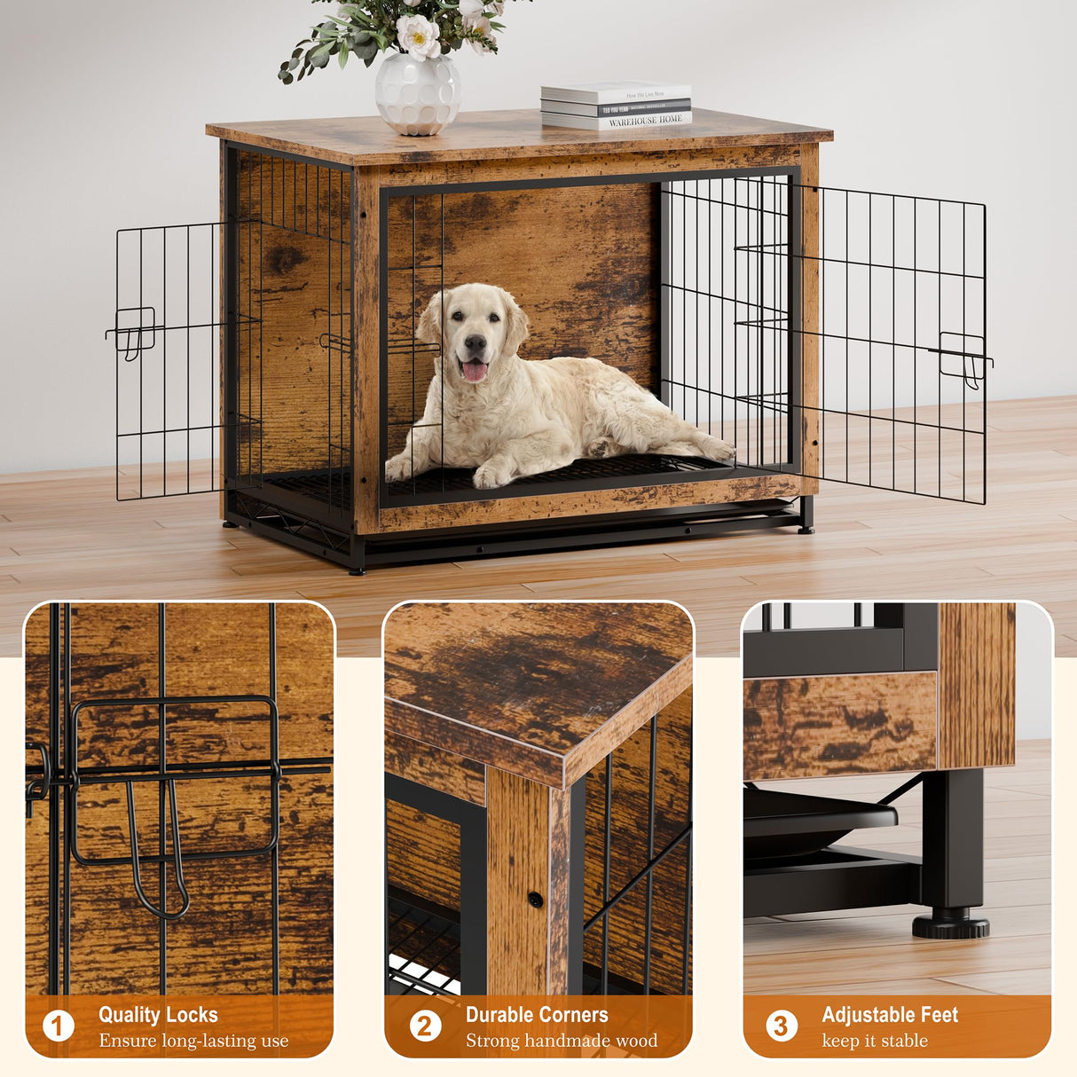 Vongrasig Dog Crate Furniture, Side End Table, Modern Wooden Kennel for Dogs Indoor, Heavy-Duty Dog Cage with Multi-Purpose Removable Tray, Double-Door Dog House, Rustic Brown Vongrasig