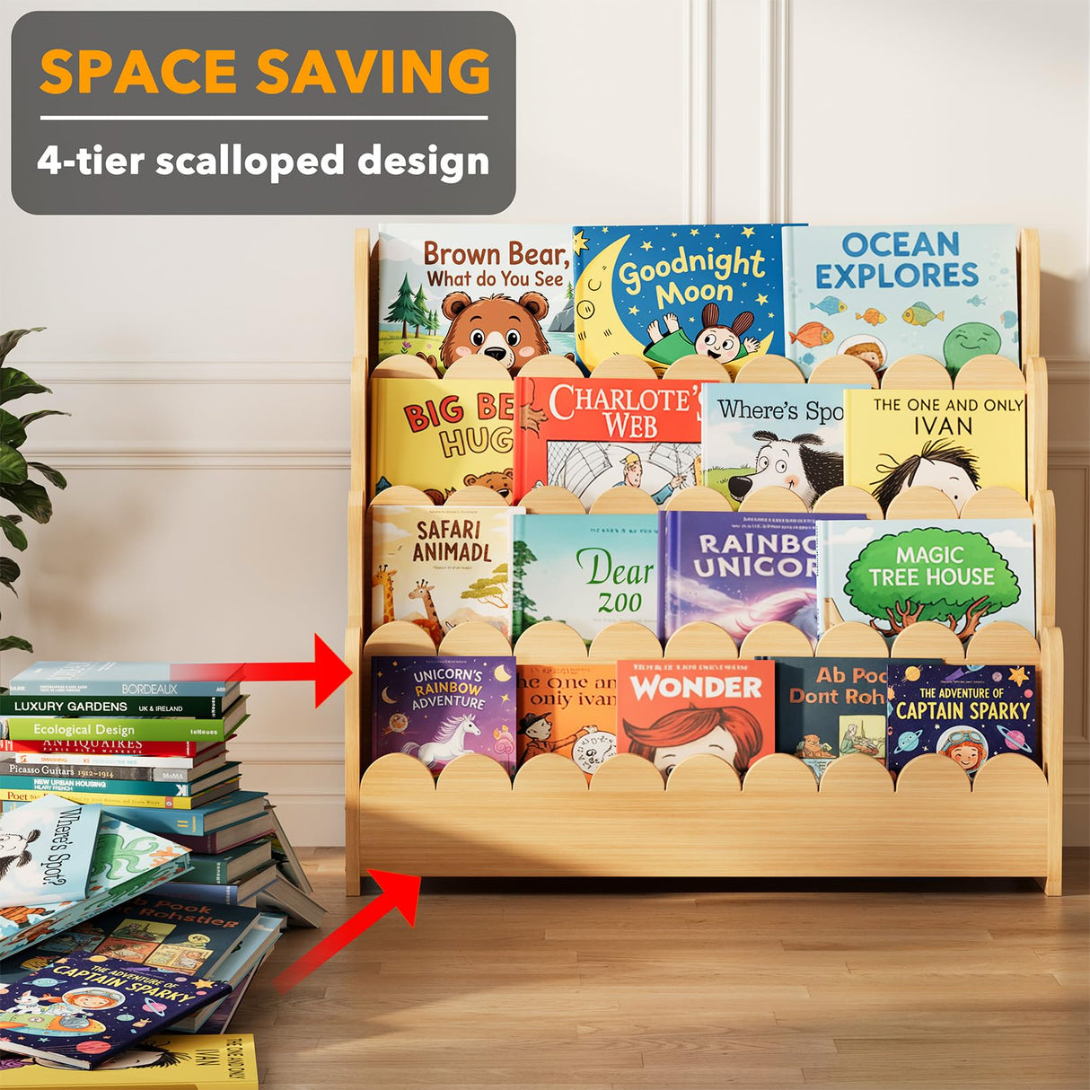SpaceAid 4-Tier Scalloped Bookshelf, Montessori Bookcase for Toddlers, Wooden Book Shelf Organizer Display Furniture for Kids Rooms, Playroom, Nursery and Classroom, 29.6“ Wide, Natural SpaceAid