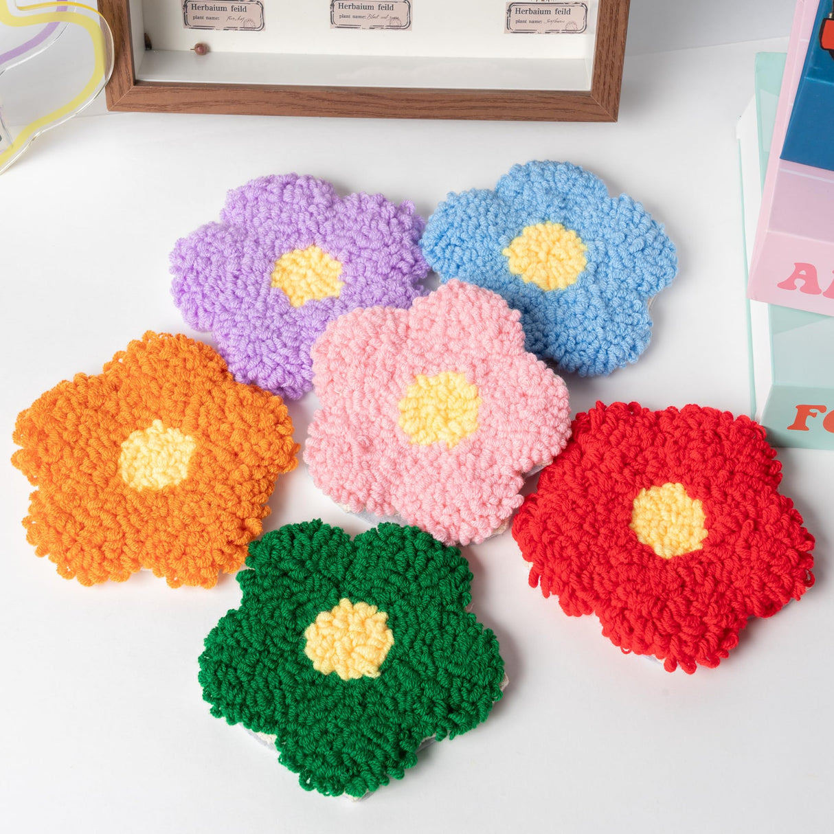 WATINC Flower Punch Needle Coaster Kit - 22Pcs Crafts Punch Needle Coasters Kits for Beginners, Flower Patterns Tufted Rug Pads with Adhesive Felt Yarns Embroidery Hoop Instruction WATINC