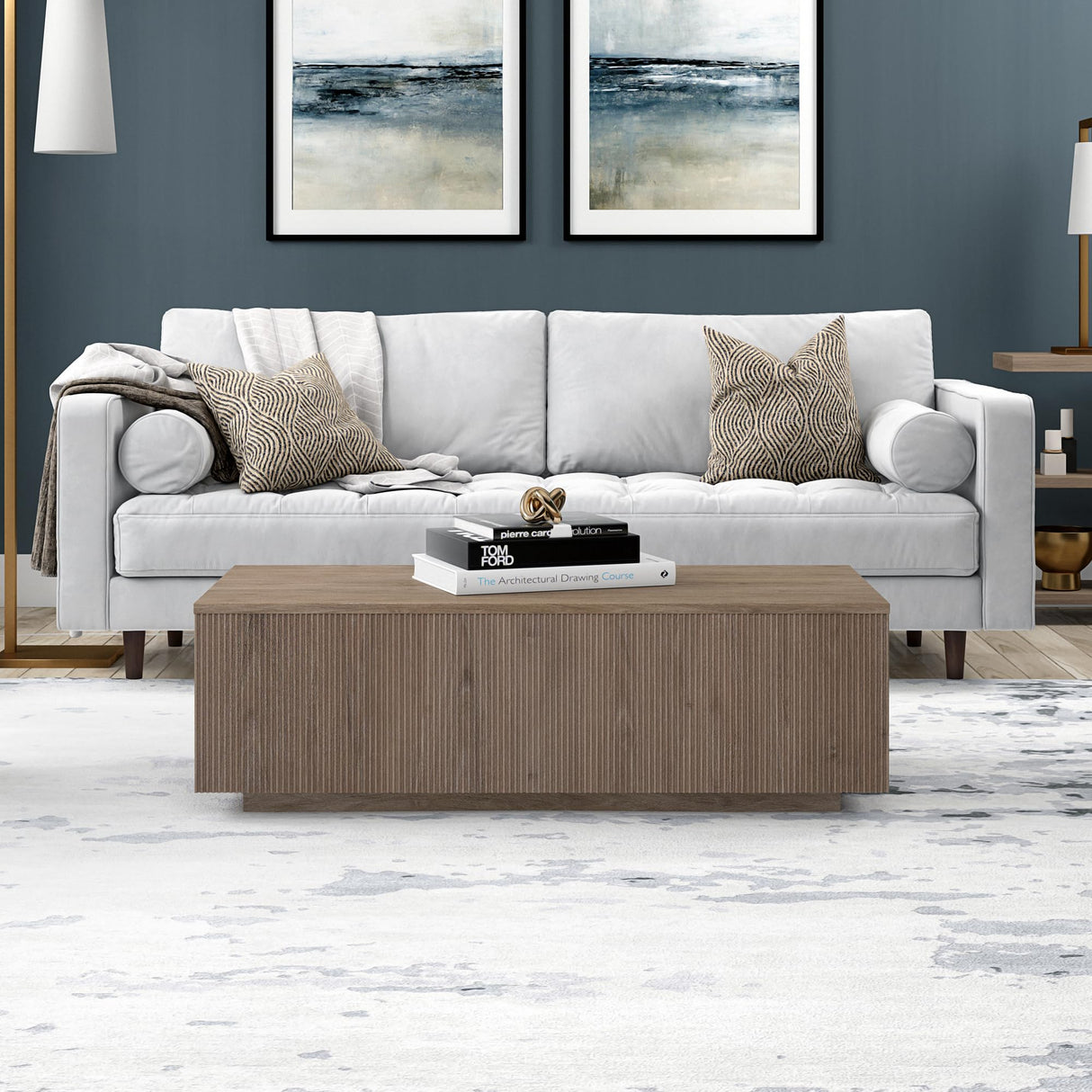 Henn&Hart 48" Fluted Rectangular Low-Profile Coffee Table for Living Room, Family Room, or Office, Antiqued Gray Oak Henn&Hart