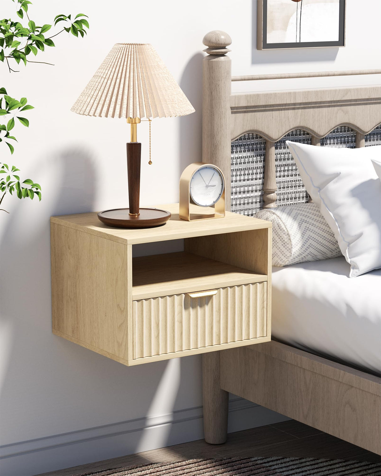 Floating Nightstand Set of 2 - Fluted Night Stand with Charging Station Wood Wall Mounted Nightstand with Drawer & Open Shelf, Modern Bedside Table Large End Table for Bedroom Closet DEMEGA