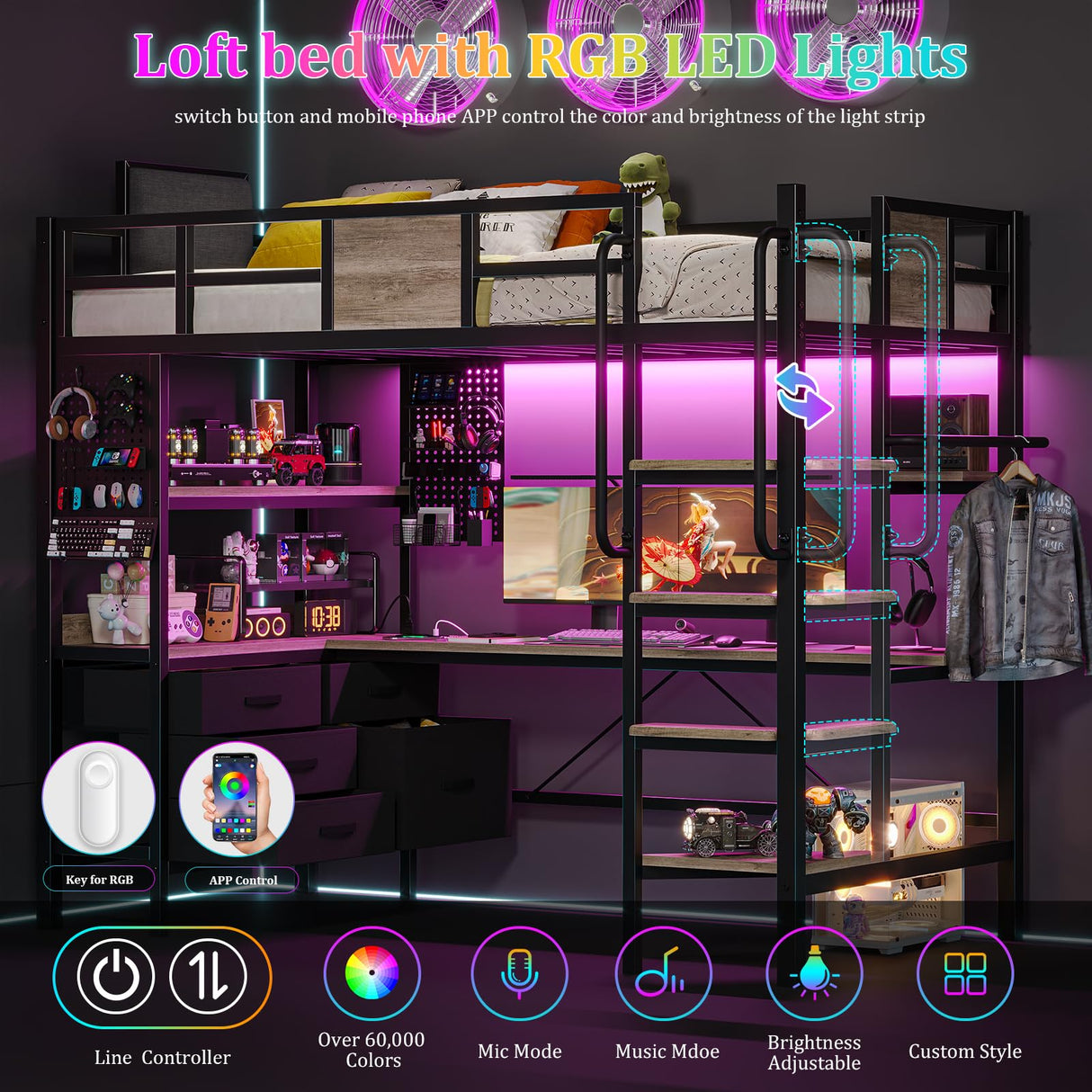 busyaeh Twin Size Loft Bed with L-Shaped Desk and Storage, Bunk Bed with Desk Underneath Drawers, Metal Twin Loft with Clothes Rail, Safety Guard & Stairs, LED Lights, Charging Station, Oak Gray busyaeh