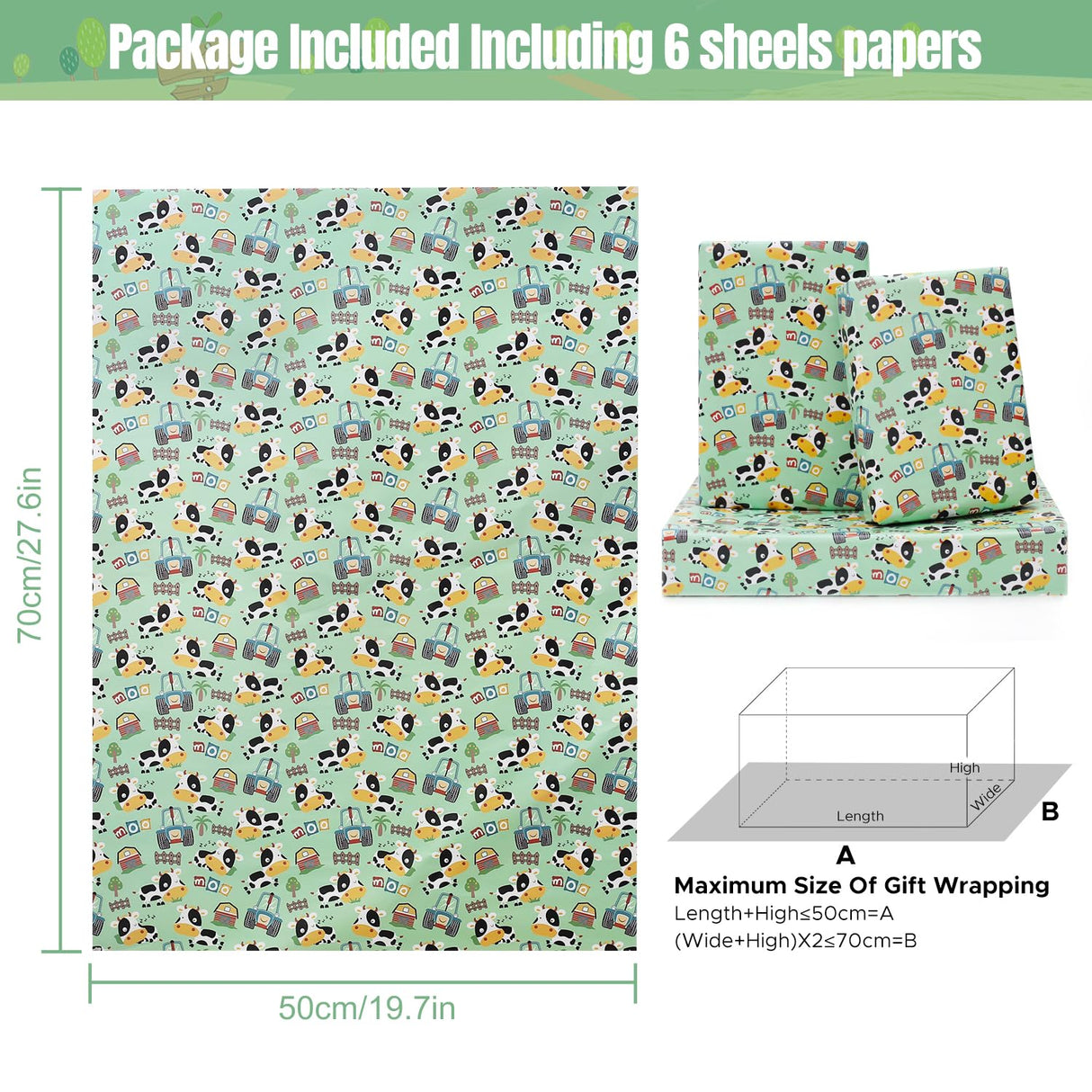 NEPOG Farm Cow Wrapping Paper for Boys Girls Kids, Cute Cow Farmhouse Tractor Farm Theme Design Green Birthday Paper 6 Sheets Folded Flat 20x28 inches per Sheet for Birthday Party Baby Shower NEPOG