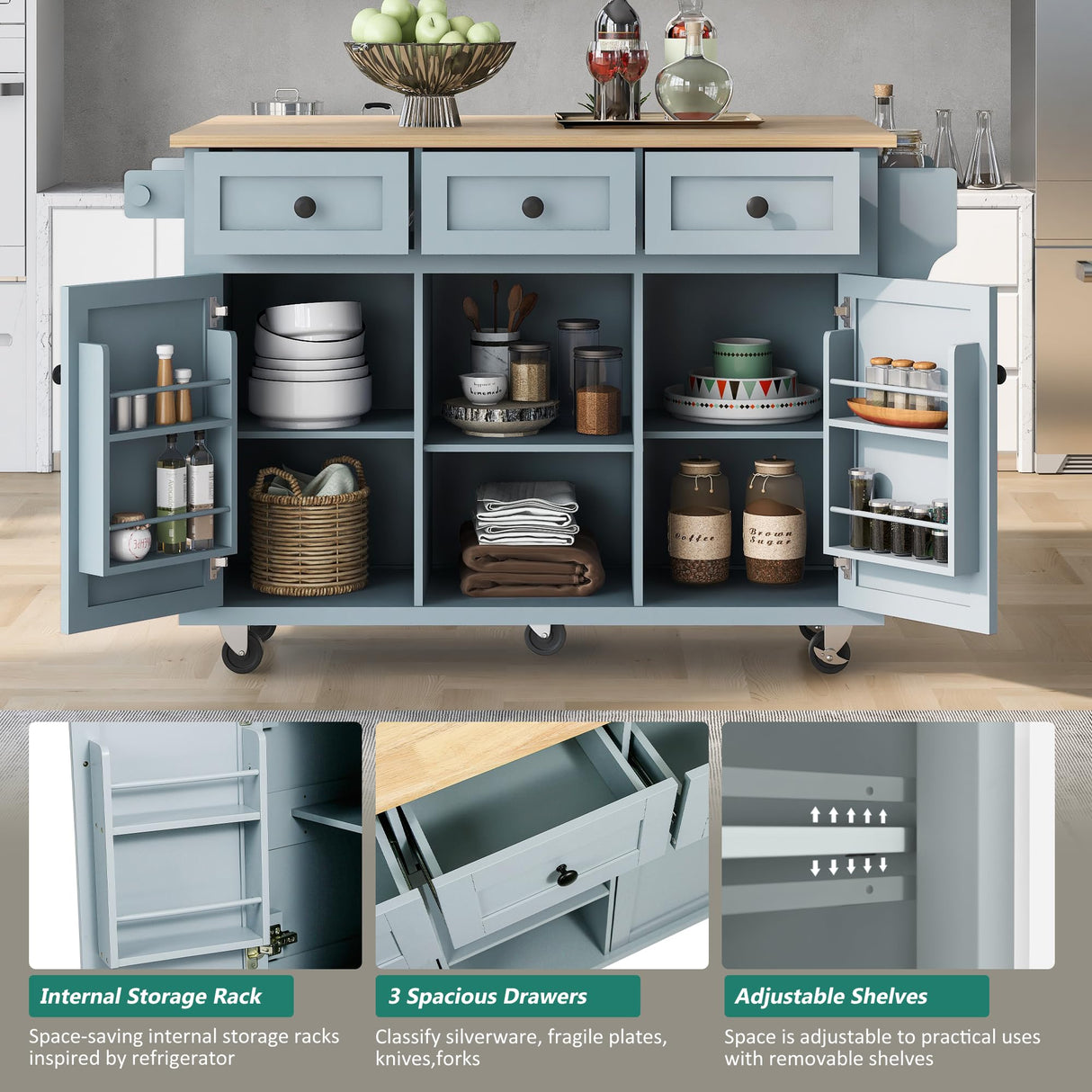 LUMISOL Kitchen Island with Drop Leaf, Wood kitchen island on Wheel with Internal Storage Racks (Gray Blue,53.1" D) LUMISOL