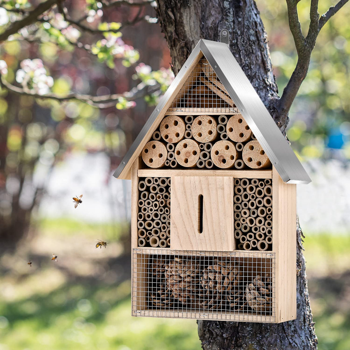 Elipark Wooden Mason Insect Bee Butterfly House,Insect Hotel,an Outdoor Hanging Bamboo Habitat for Bee Butterfly Ladybugs Live,Bee Box,Butterfly Habitat for Garden,9 x 15.7 x 2.5 Inch Elipark