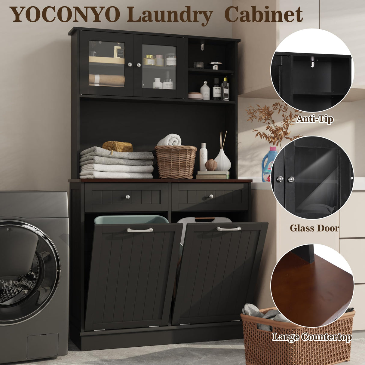 YOCONYO Double Tilt Out Trash Cabinet Storage Cabinet 20 Gallon with Two Solid Wood Hideaway Trash Holder Drawers, Dual Wooden Free Standing Recycling Cabinets Trash Can Bin Kitchen (Black) YOCONYO