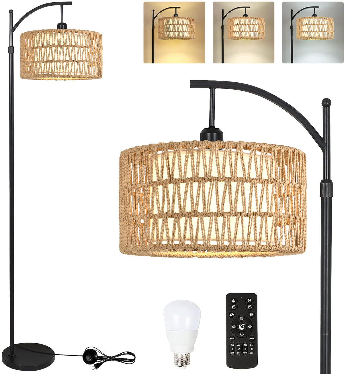 QIYIZM Floor Lamp for Living Room Bedroom with Remote Boho Rattan Arc Standing Lamp Dimmable Black Farmhouse Wicker Bamboo Lamp Shade Floor Light Adjustable Tall Lamp Industrial Floor Lamps Bohemian QIYIZM