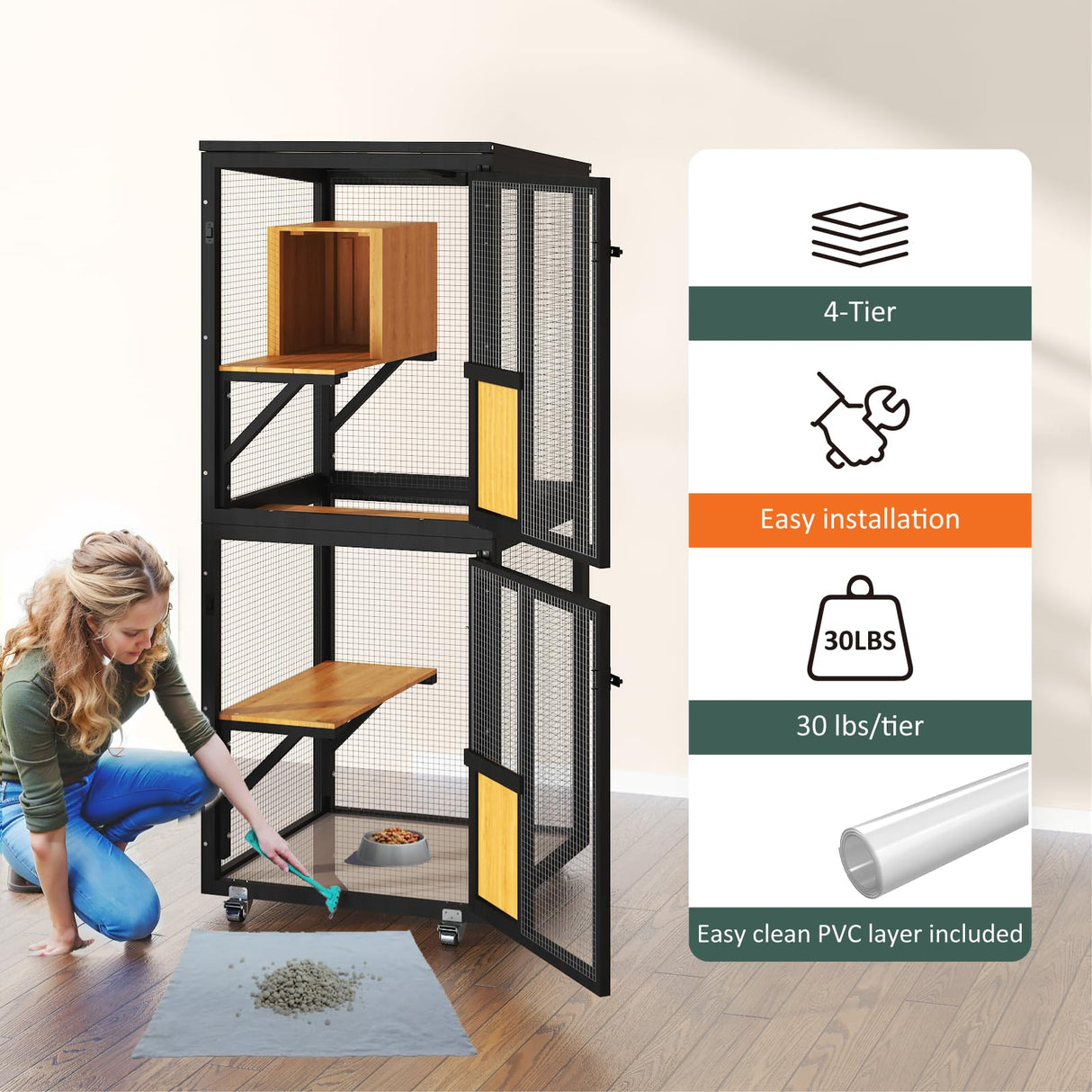 TIMHAKA Cat Catio Outdoor Enclosure, 4 Tiers Cat Playen Catio with Wheels, Resting Box, Sunshine Panel Waterproof Roof, Large Pet House Cage with Removable Wood Bottom and Easy Clean PVC Layer, Black TIMHAKA