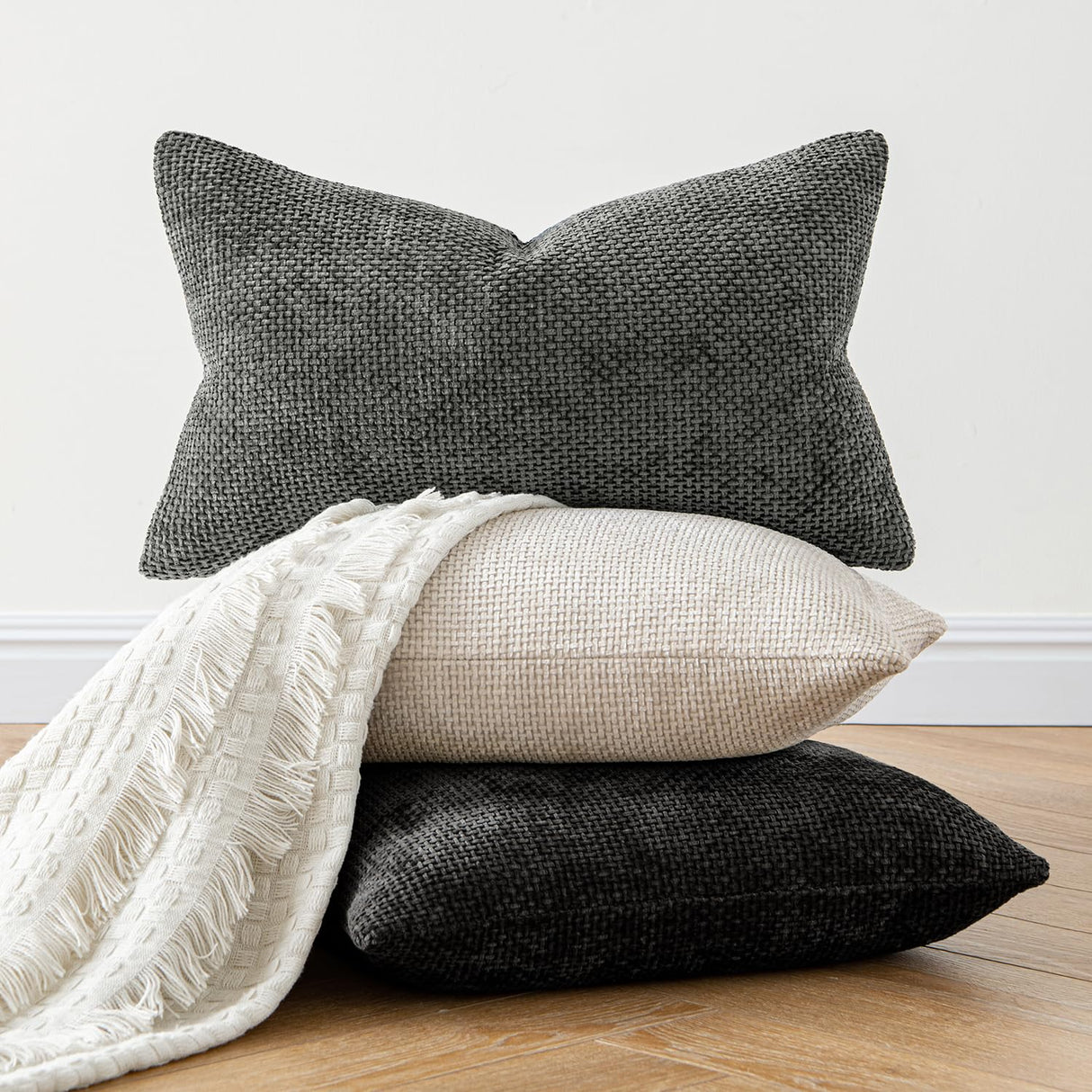 MIULEE Pack of 2 Christmas Couch Throw Pillow Covers 18x18 Inch Neutral Beige Modern Boho Accent Decorative Pillow Covers Soft Chenille Farmhouse Cushion Covers for Home Decor Bed Sofa Living Room MIULEE