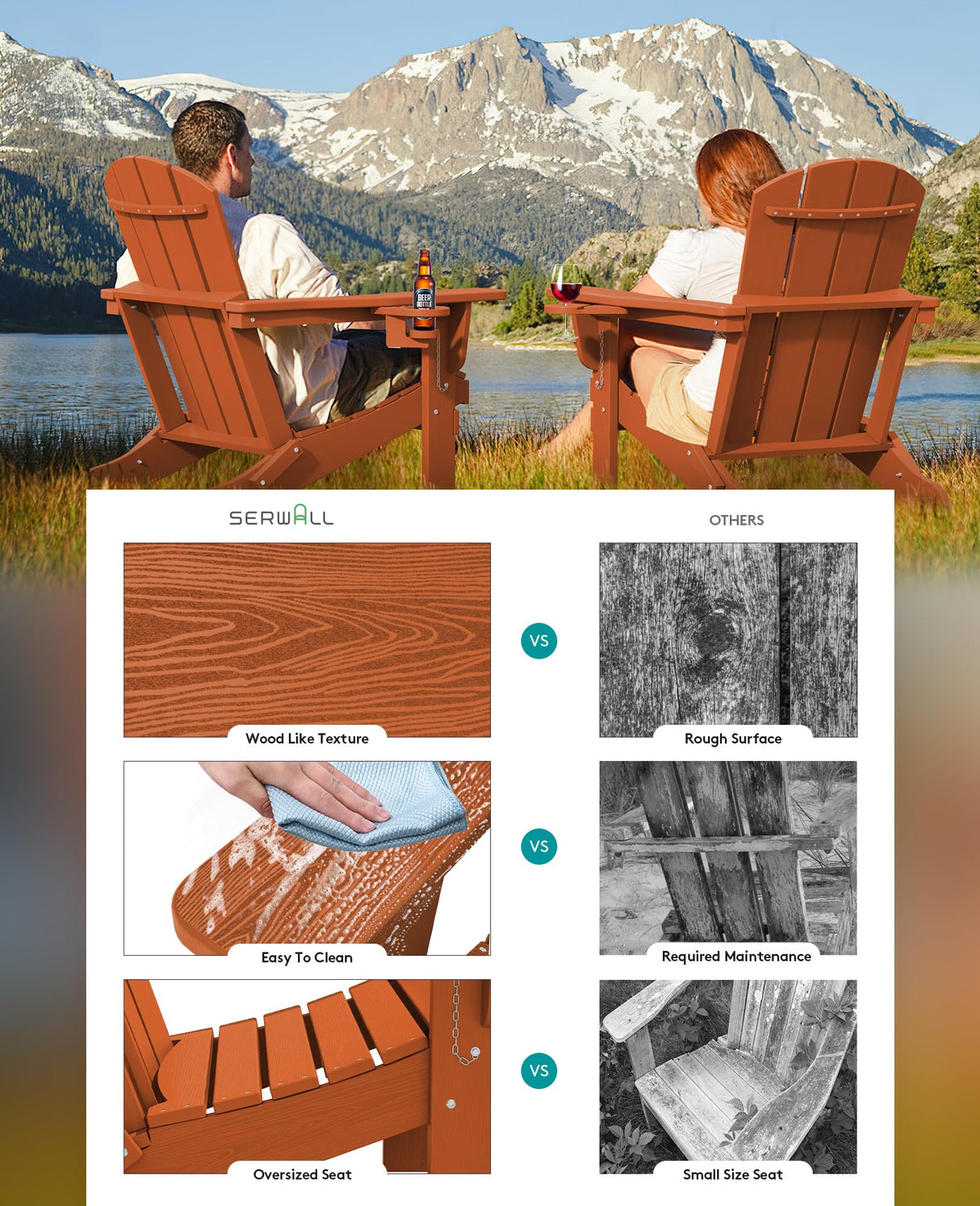 SERWALL Adirondack Chair with Cup Holders - Composite Adirondack Chairs HDPE Outdoor Chairs All Weather Use- Orange SERWALL