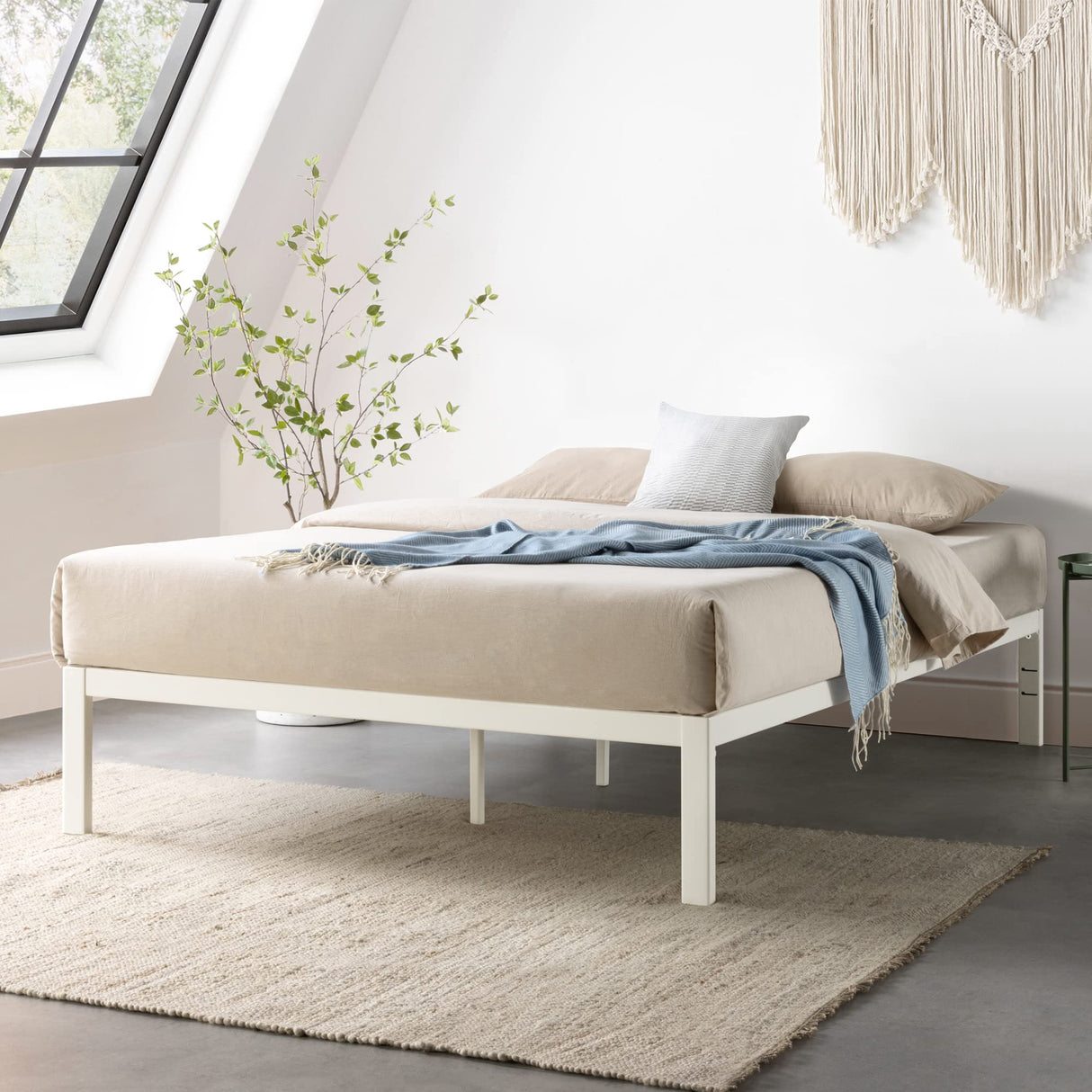 Mellow Rocky Base C 14" Platform Bed Heavy Duty Steel White, w/ Patented Wide Steel Slats (No Box Spring Needed) - Full Mellow