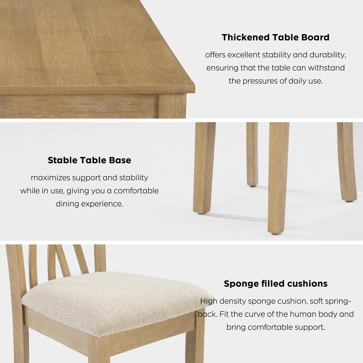 7-Piece Farmhouse Dining Table Set with 6 Upholstered Chairs & 60-Inch Solid Wood Table, Whitewash Finish - Rustic Kitchen Furniture, Padded Seats, Comfortable Dining Room Set for 6 SDHYL