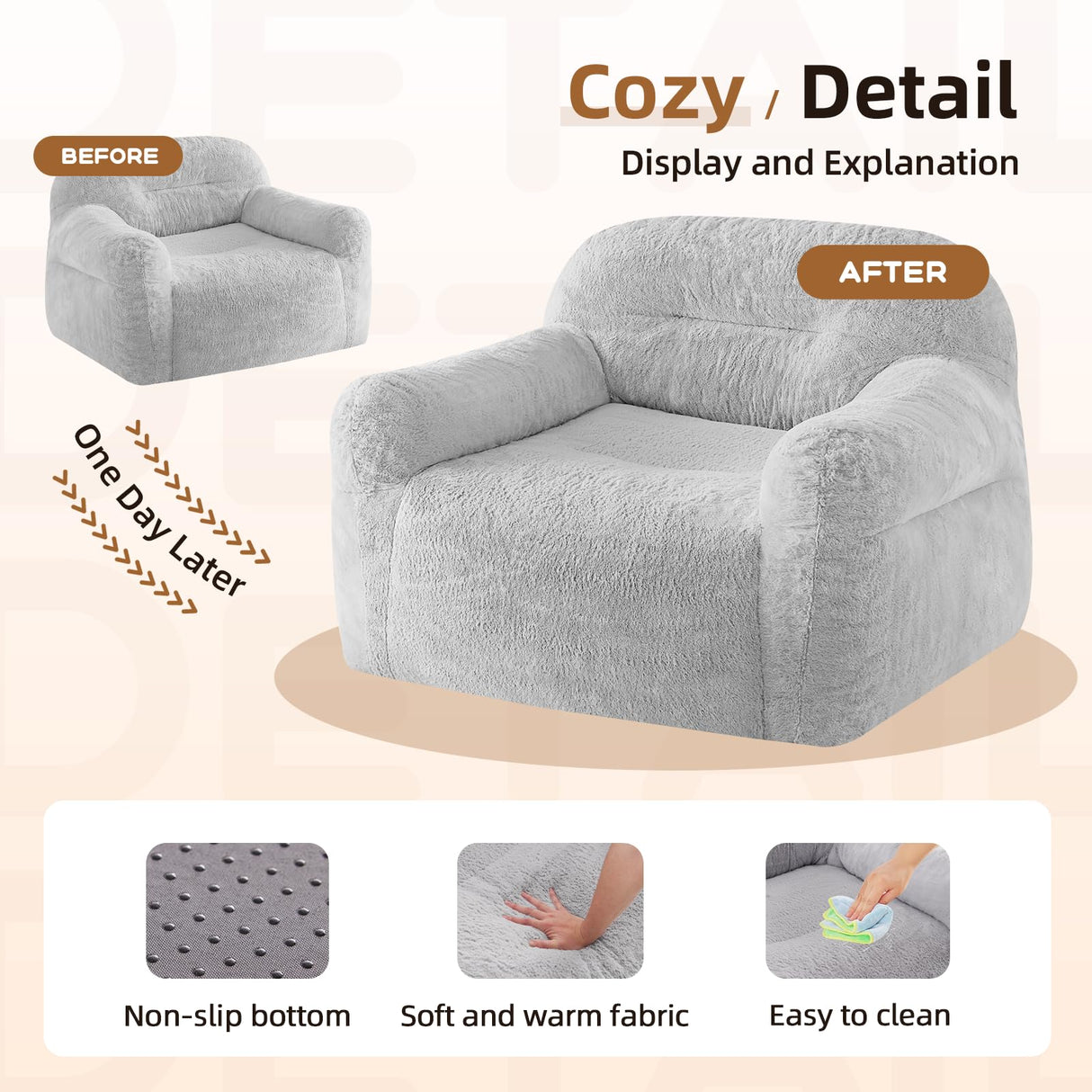 Spacocld Giant Bean Bag Chair for Adults - Large Bean Bag Couch with Armrests, Bean Bag Sofa Stuffed High-Density Foam, Plush Lazy Sofa Comfy Chair, BeanBag Couch for Bedroom, Living Room (Light Grey) Spacocld