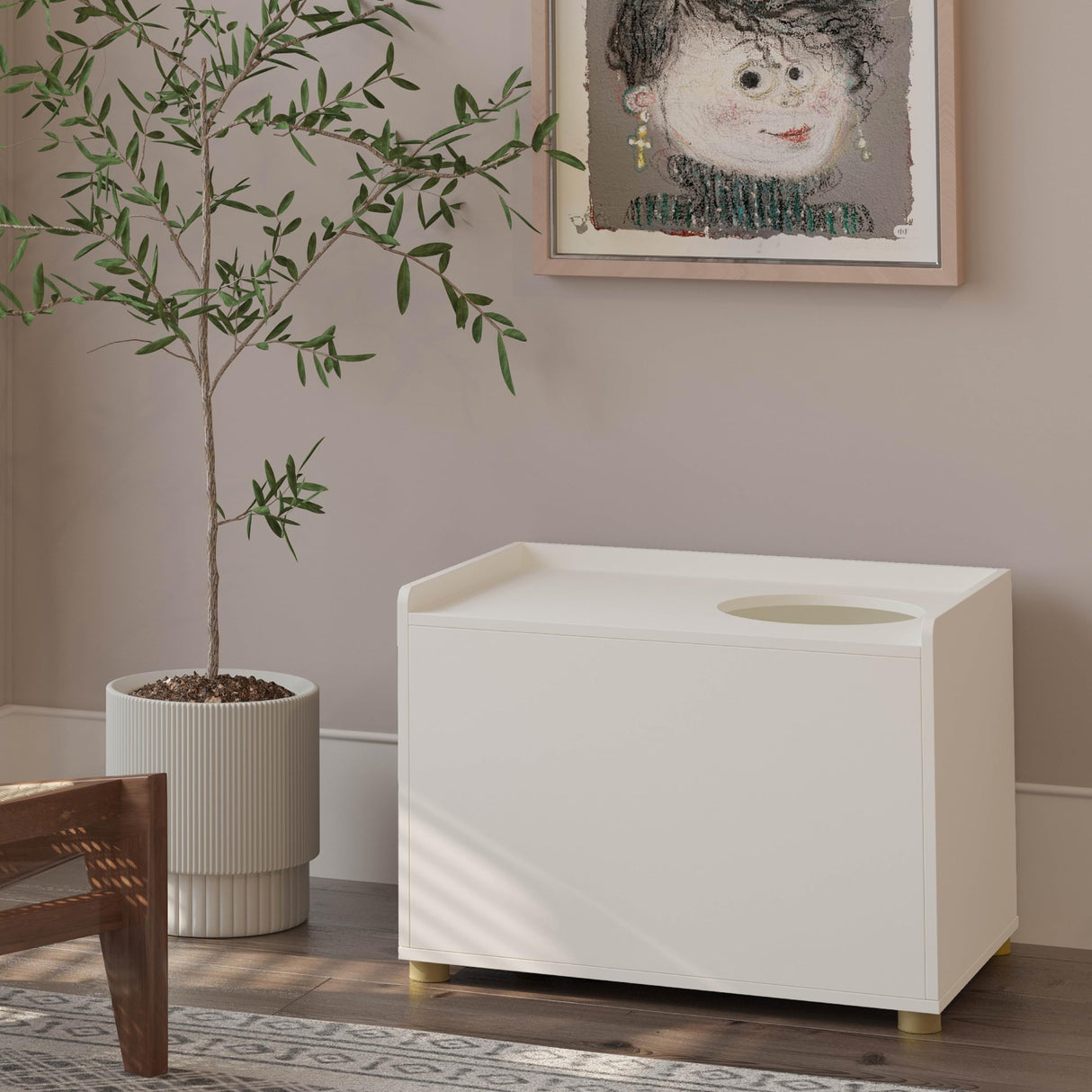 Amunrbrek Top Entry Litter Box Enclosure, Modern Flip Top Litter Box Furniture with Cat Scratch Mat, Side Table (White) amunrbrek