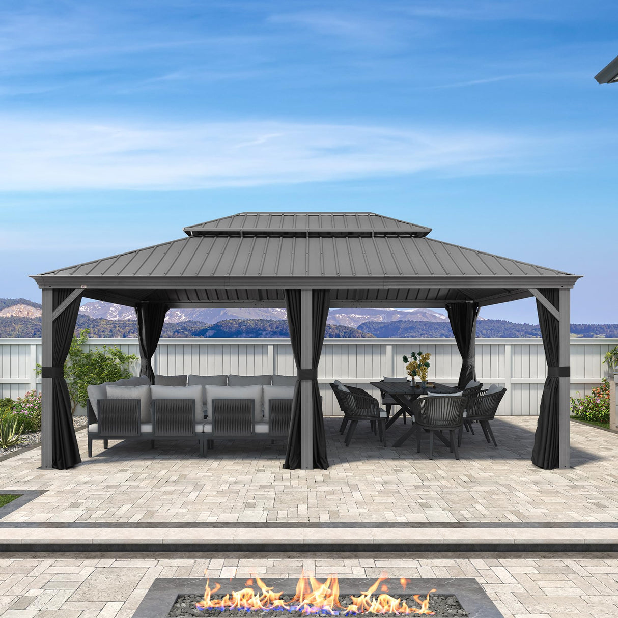 PURPLE LEAF 14' x 20' Outdoor Hardtop Gazebo with Netting and Curtains Galvanized Steel Double Roof and Aluminum Frames Permanent Wind Resistance Pavilion Gazebo for Patio Deck Garden, Light Grey PURPLE LEAF